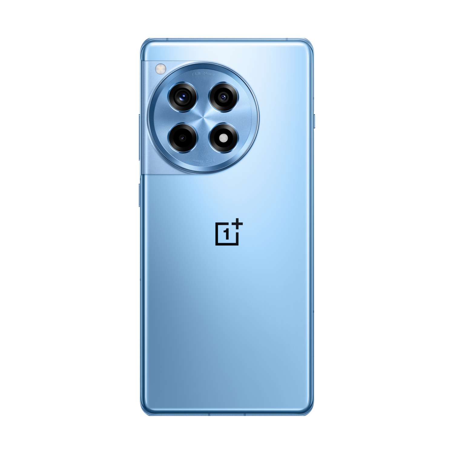 Een blauwe smartphone met meerdere camera's aan de achterkant. De achtergrond is zwart.