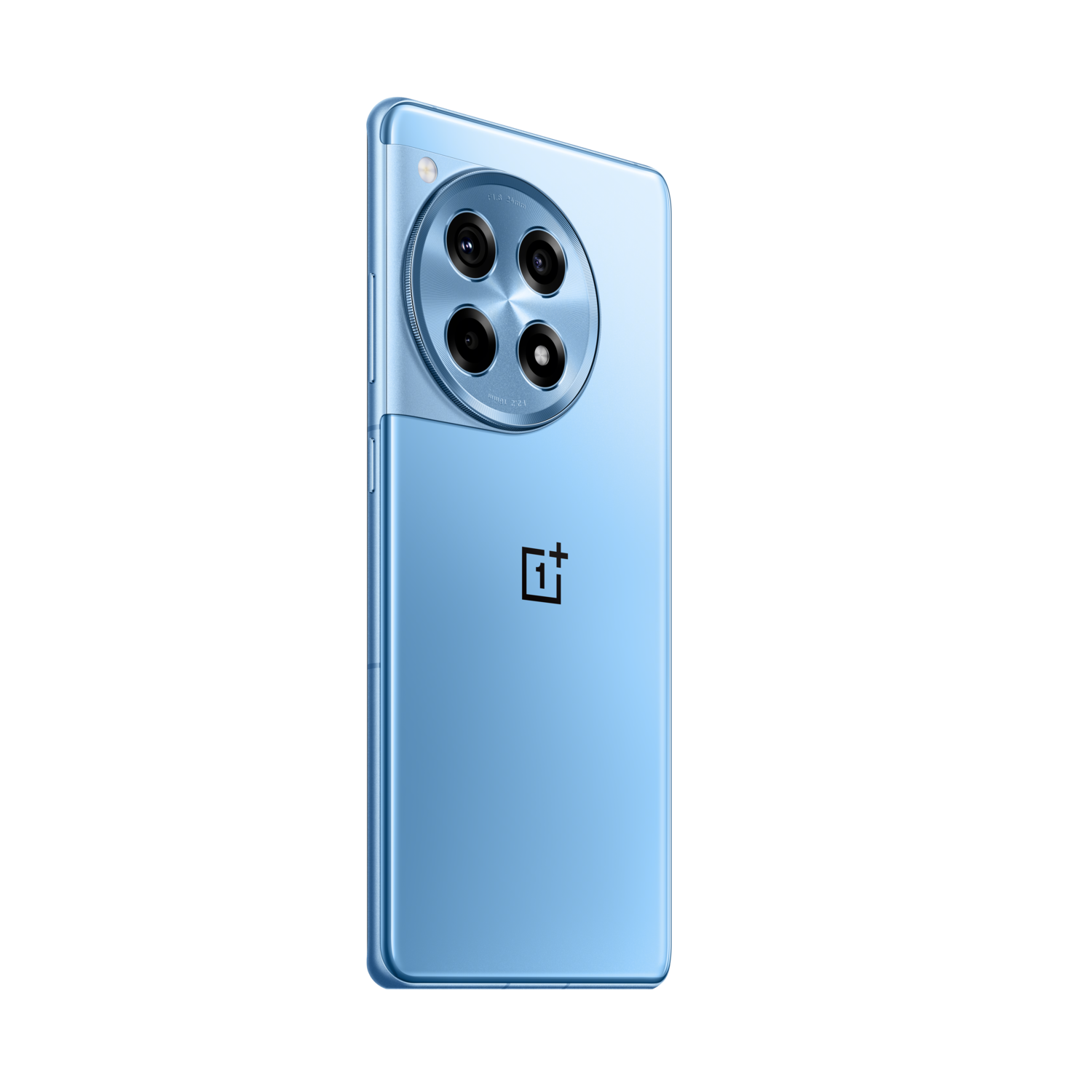 Blauwe smartphone met camera-uitsteeksel en OnePlus-logo op zwarte achtergrond.