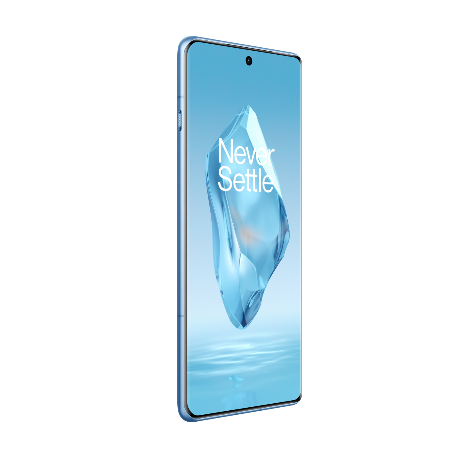Een lichtblauwe telefoon met een blauw kristalachtig beeld op het scherm, zwarte achtergrond.