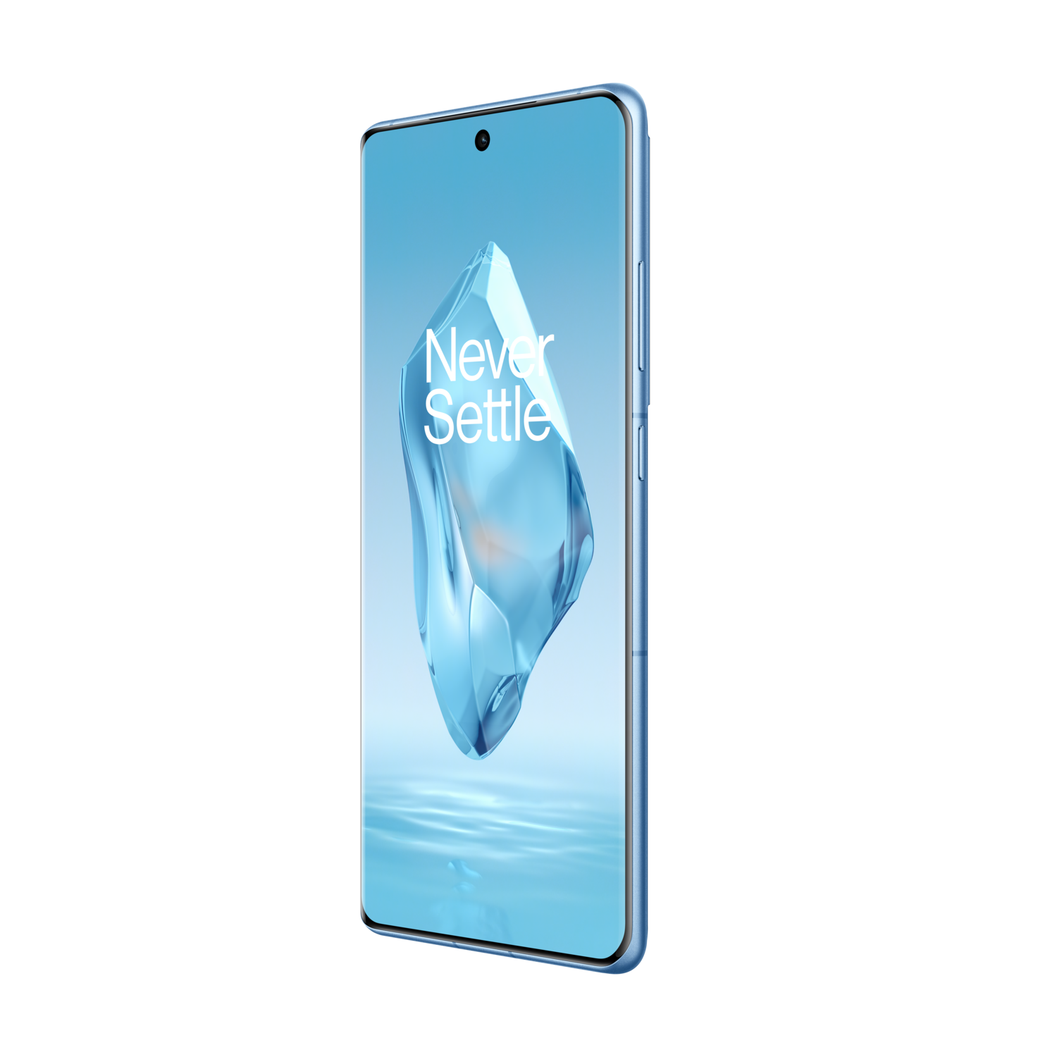 Een blauwe smartphone staat rechtop. Het heeft een scherm met een abstract ontwerp.