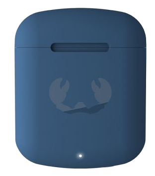 Niebieskie etui na AirPods z motywem kraba i białym światłem na dole.