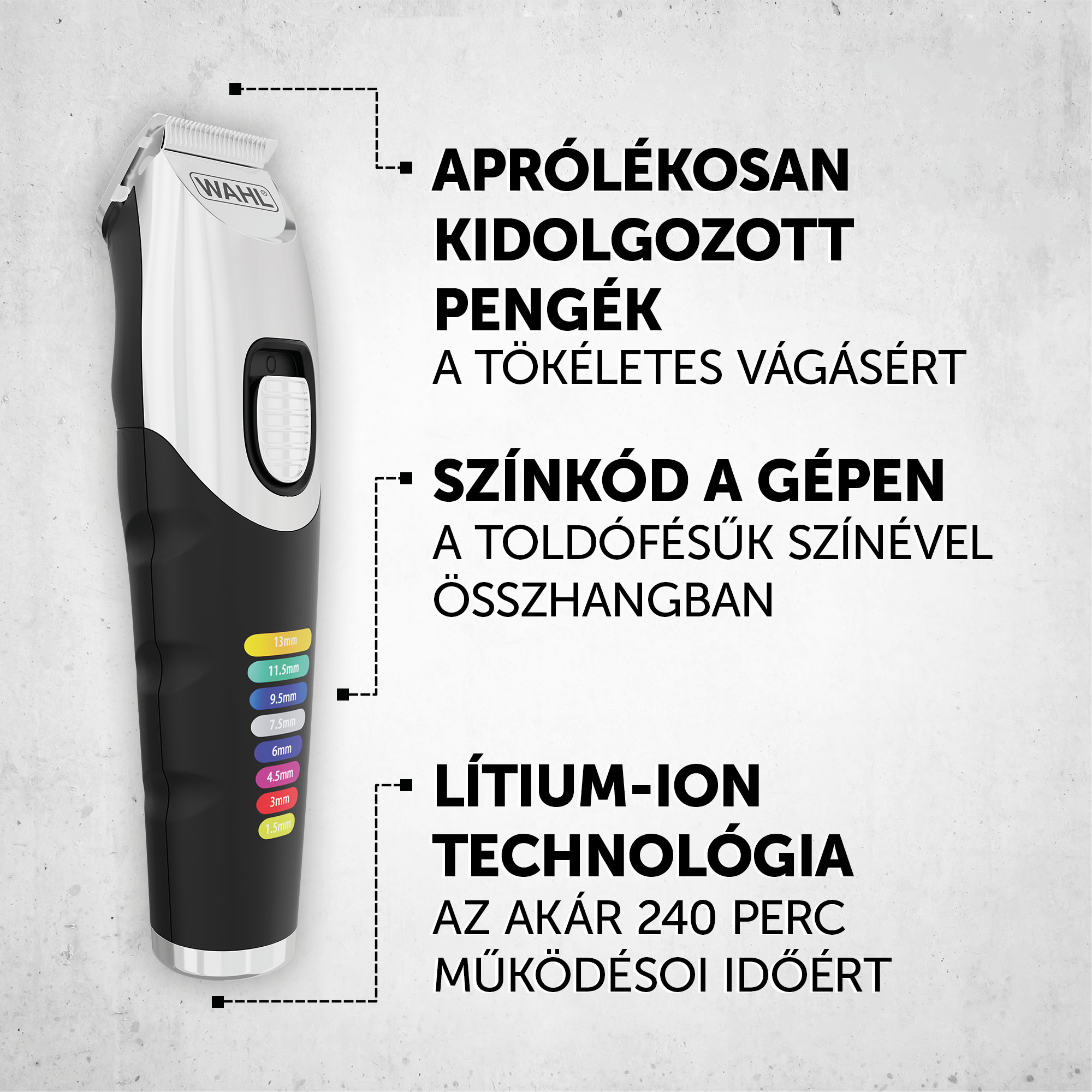 Egy fekete-ezüst hajvágó gép színkódolt hosszbeállításokkal. Fehér háttér.