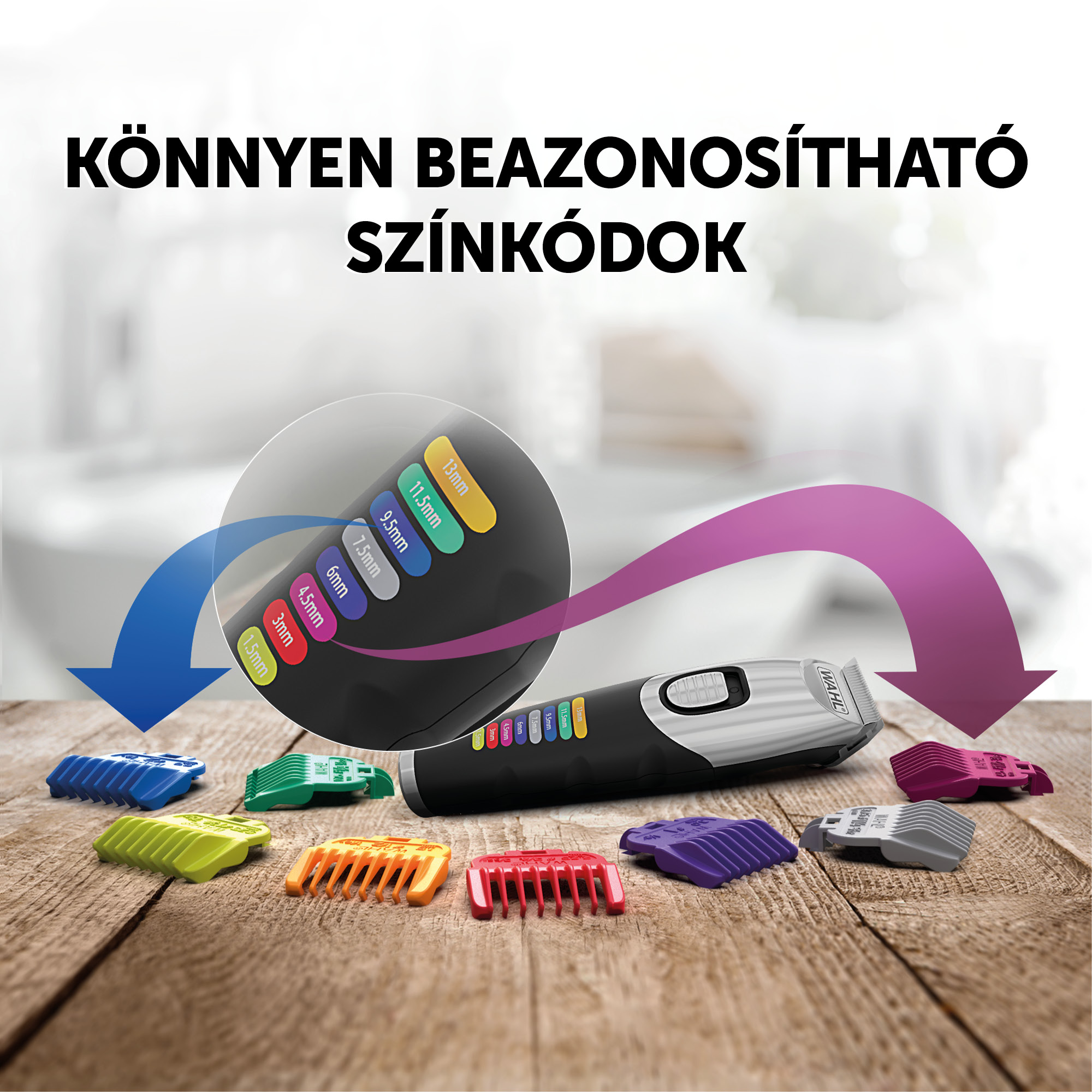 Hajvágó gép színkódolt toldalékokkal. A szöveg könnyen azonosítható színkódokat mutat a haj hosszához.