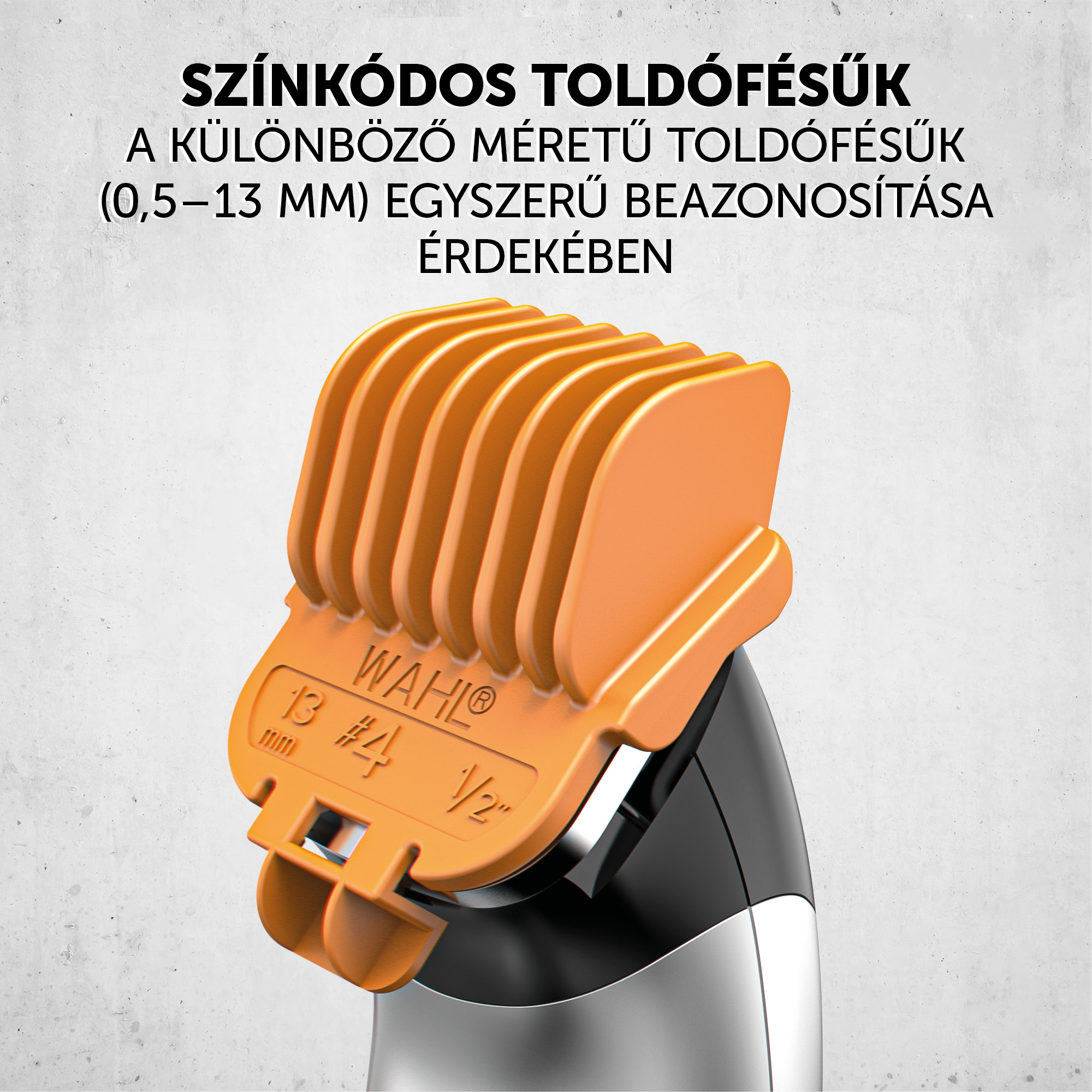 Egy narancssárga hajvágó toldófej számokkal és szöveggel. Egy fekete-ezüst hajvágóhoz van csatlakoztatva.