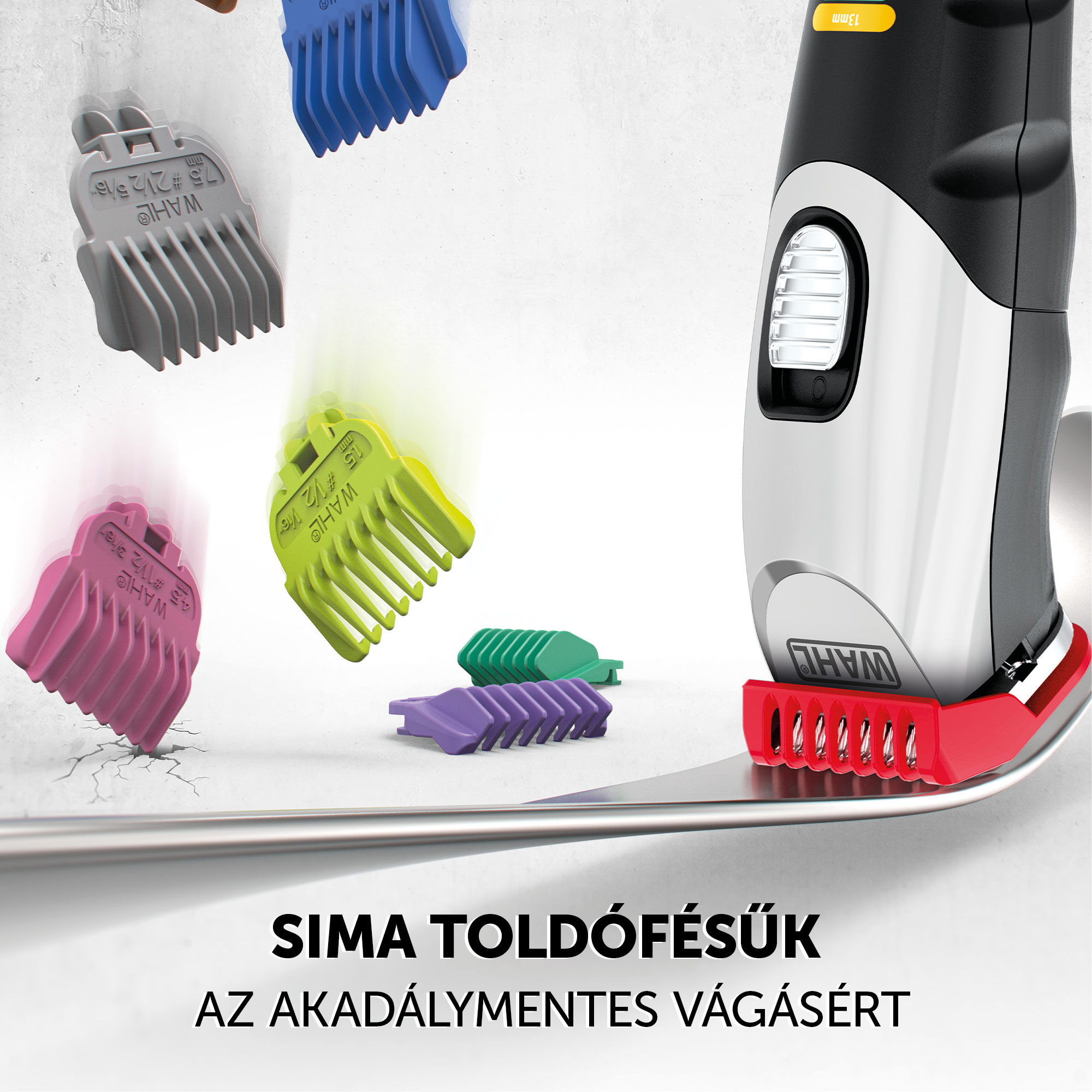 Hajvágó gép többszínű vezetőfésűkkel és pengével. A fésűk rózsaszínűek, zöldek, lilák és kékek.