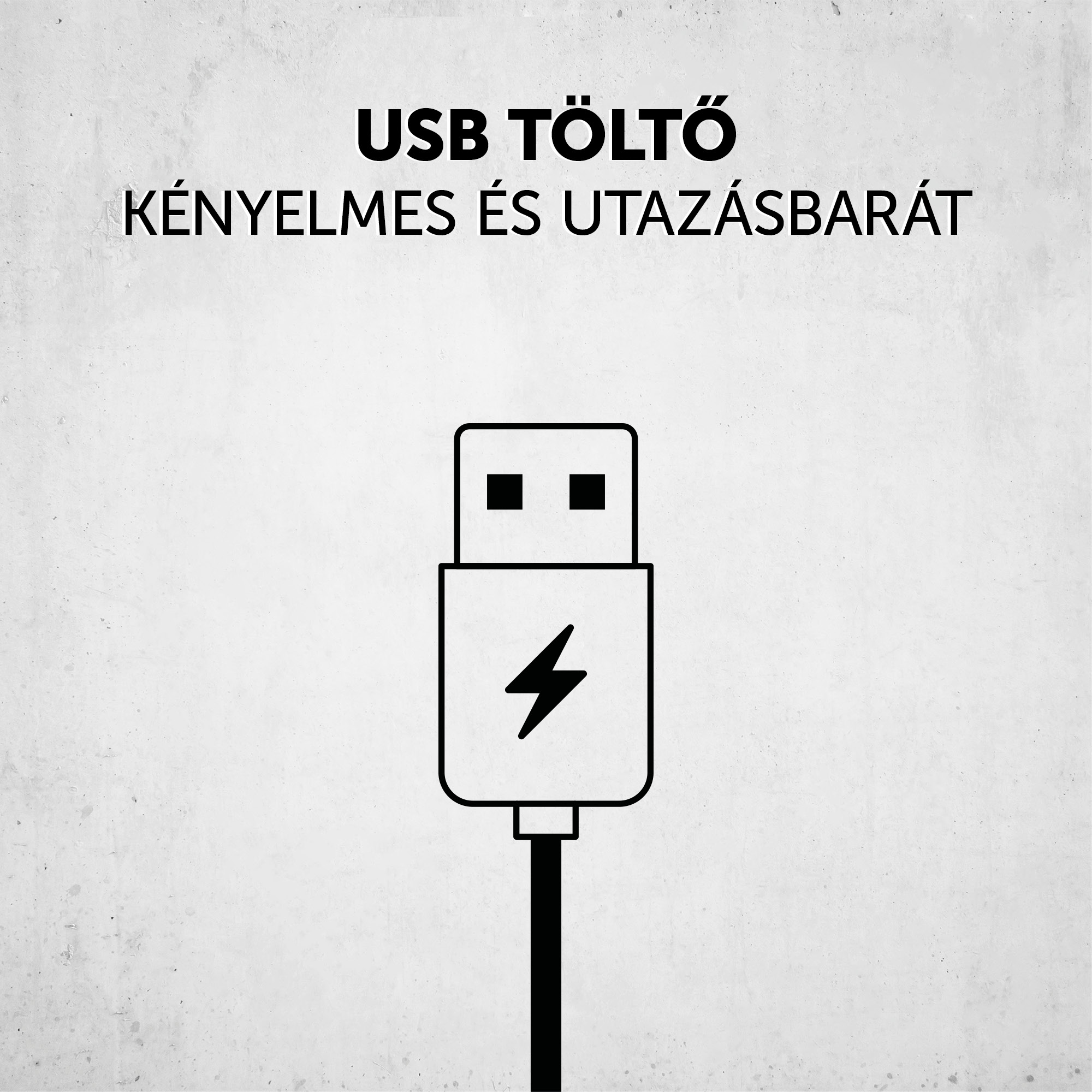 Egy fekete USB kábel villám szimbólummal és a 'USB töltő' felirattal magyarul.