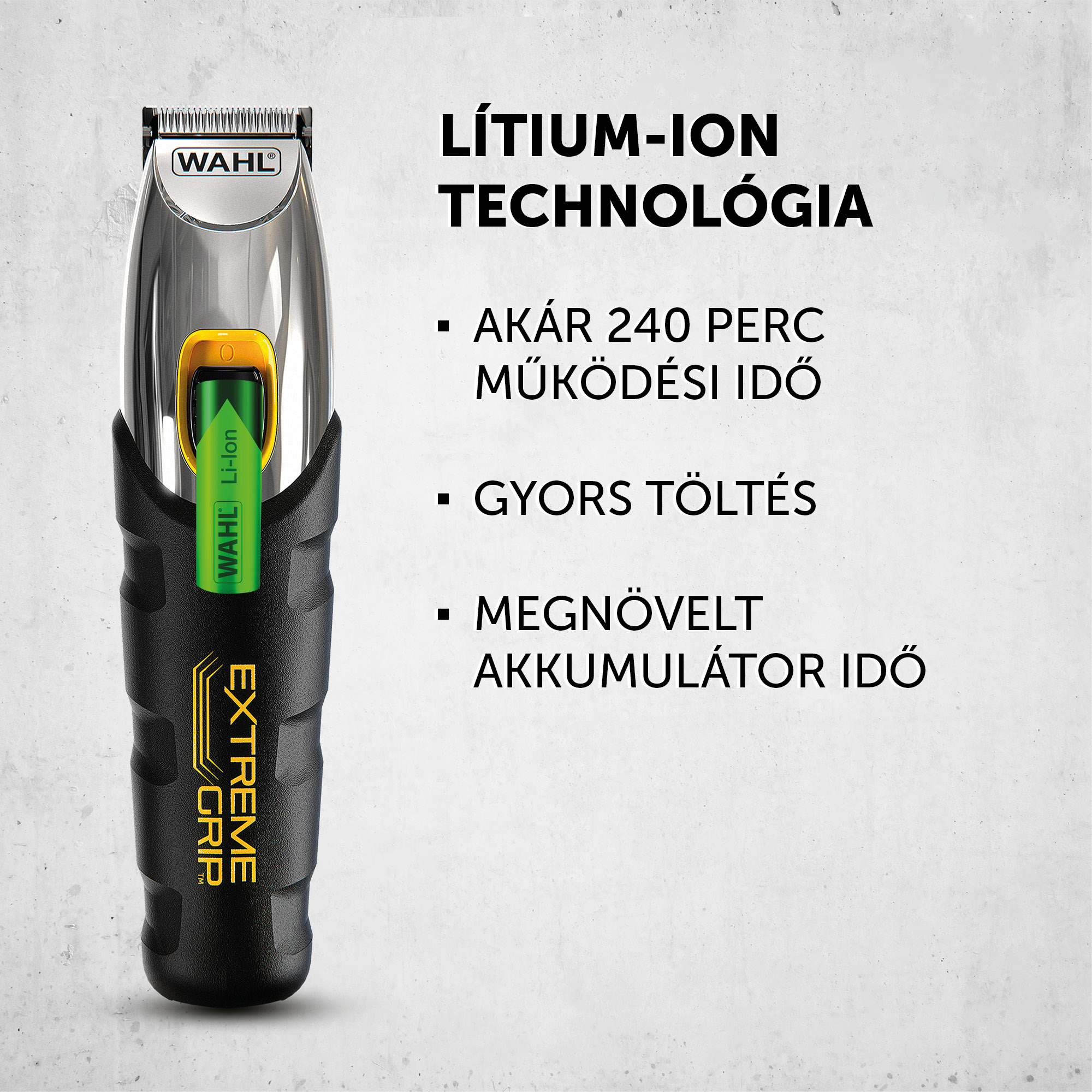 Egy fekete-ezüst Wahl hajvágó, "Lítium-ion TECHNOLÓGIA" szöveggel.