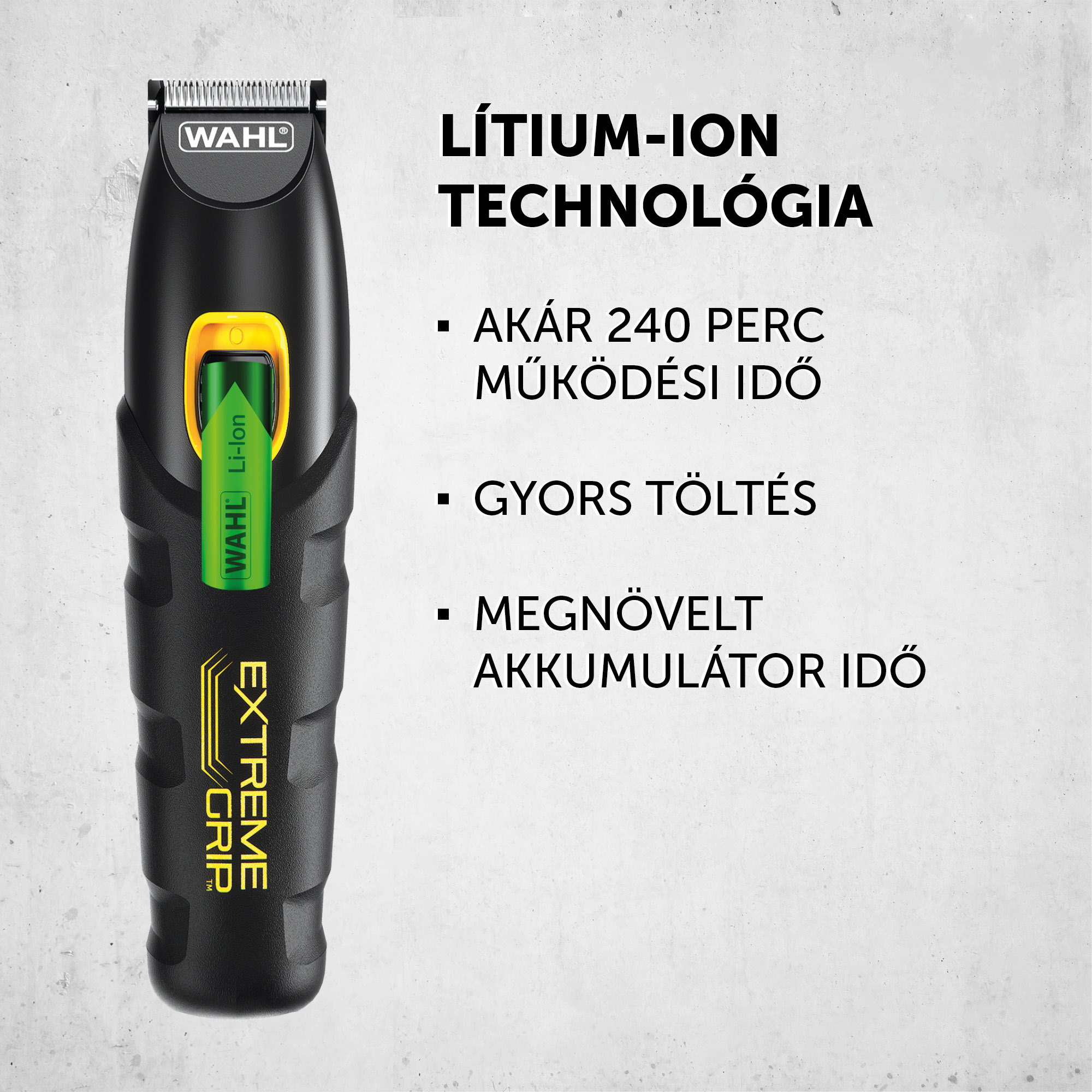 Fekete Wahl hajvágó gép zöld és sárga díszítéssel. A szöveg a lítium-ion technológiát és a funkciókat írja le.