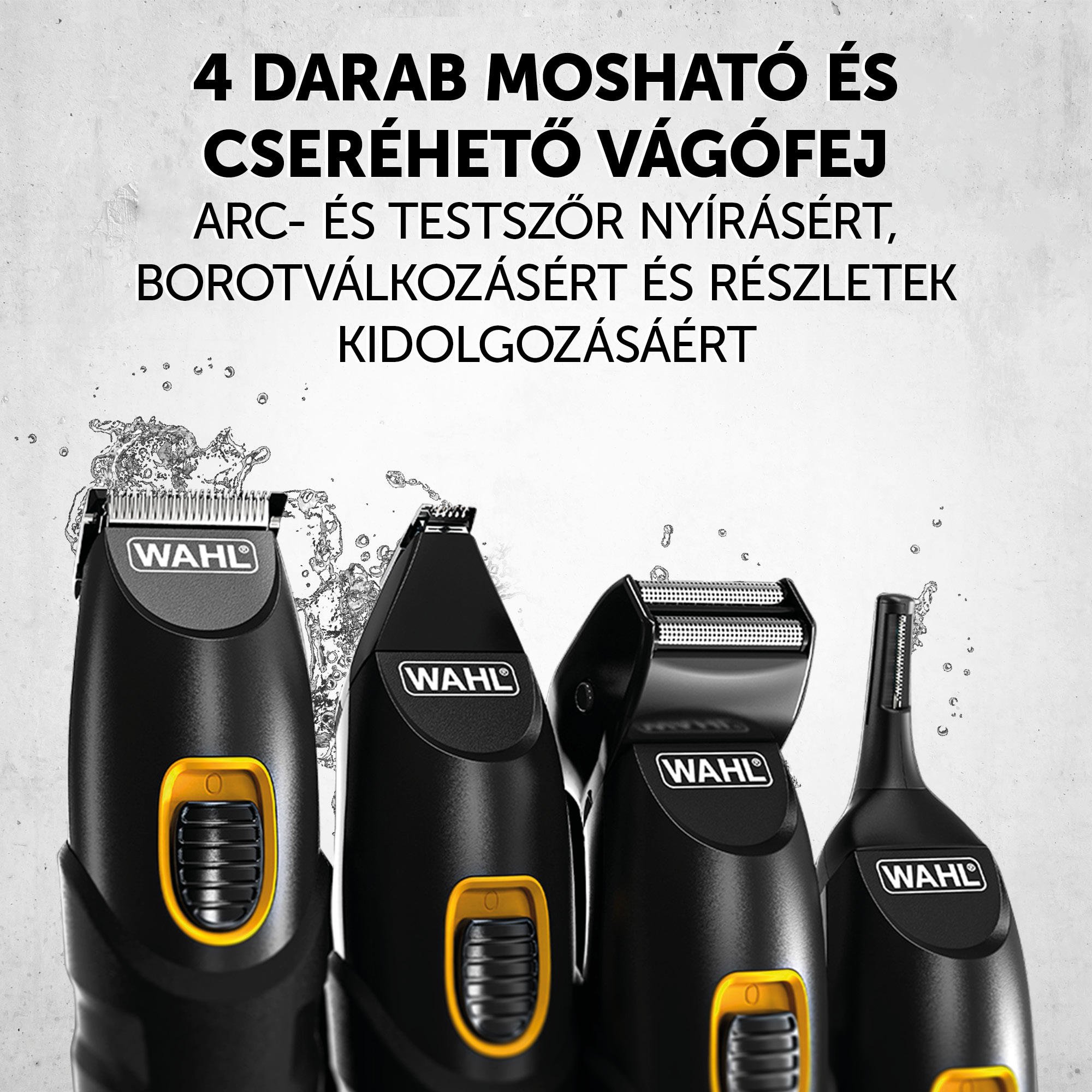 Négy fekete-sárga Wahl trimmelő. Különböző formák a különböző ápolási igényekhez.
