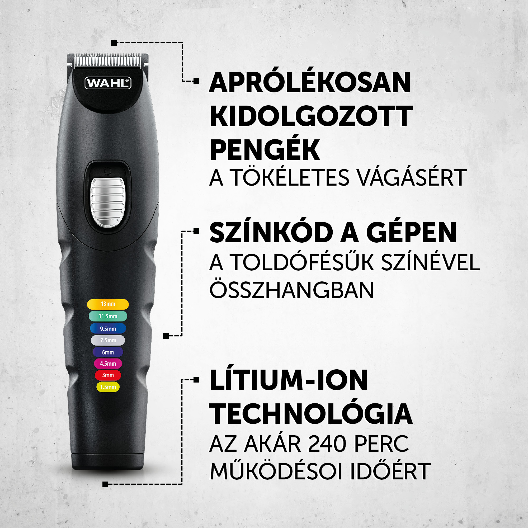 Fekete Wahl hajvágó, vágási hosszúságok jelölésével, világos háttérrel.