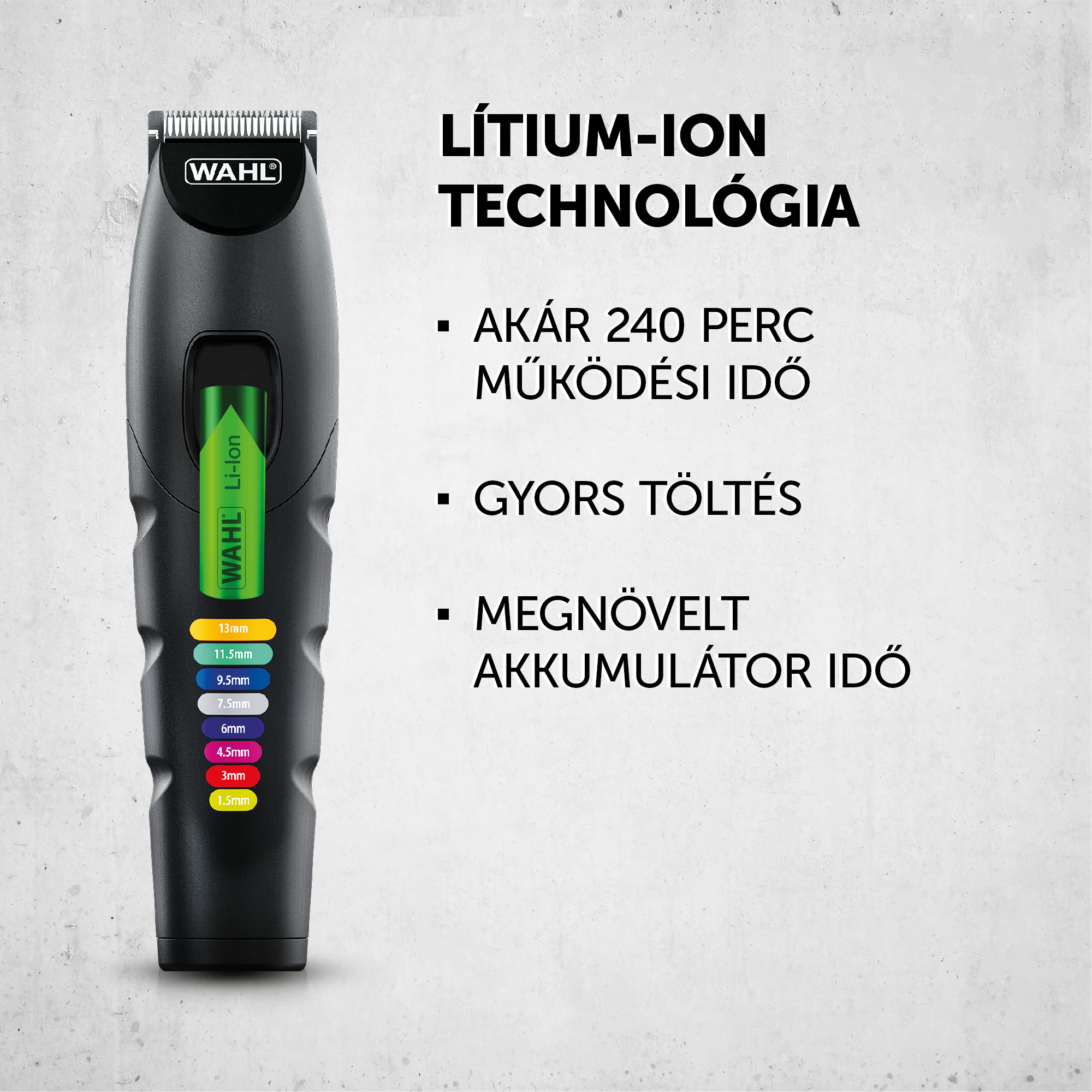 Fekete Wahl hajvágó akkumulátorral, hosszbeállításokkal és lítium-ion technológiával.