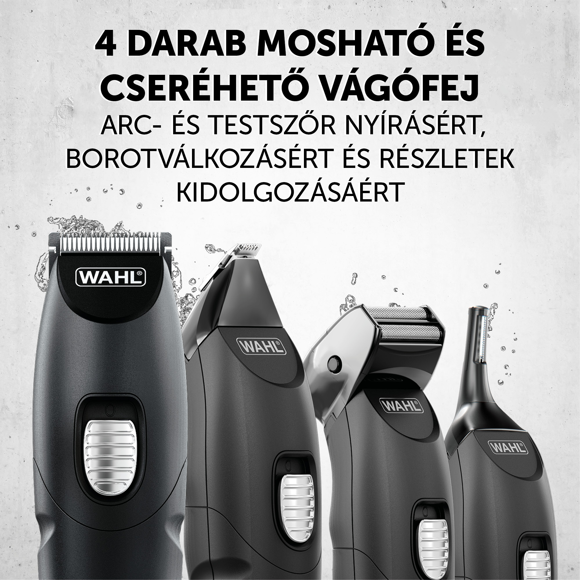 Négy fekete Wahl trimmelő van kiállítva sorban, vízcseppekkel.