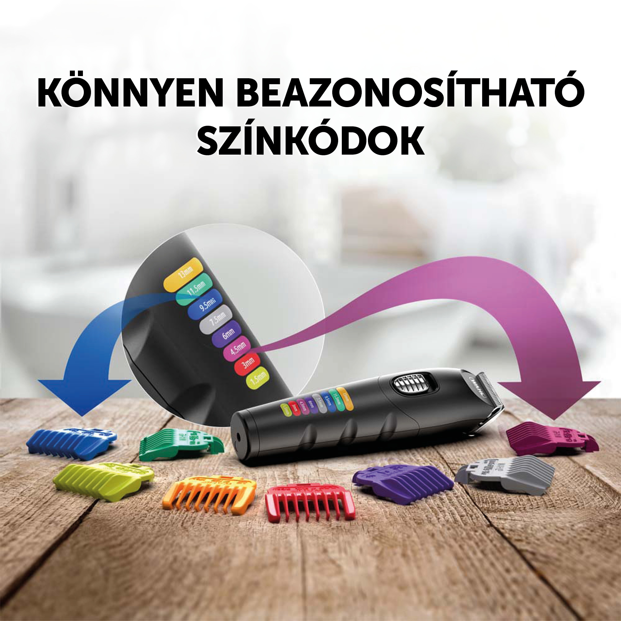 Hajvágó gép színes vezetőfésűkkel és nyíllal a vágási hosszúságok jelzésére, fa felületen.