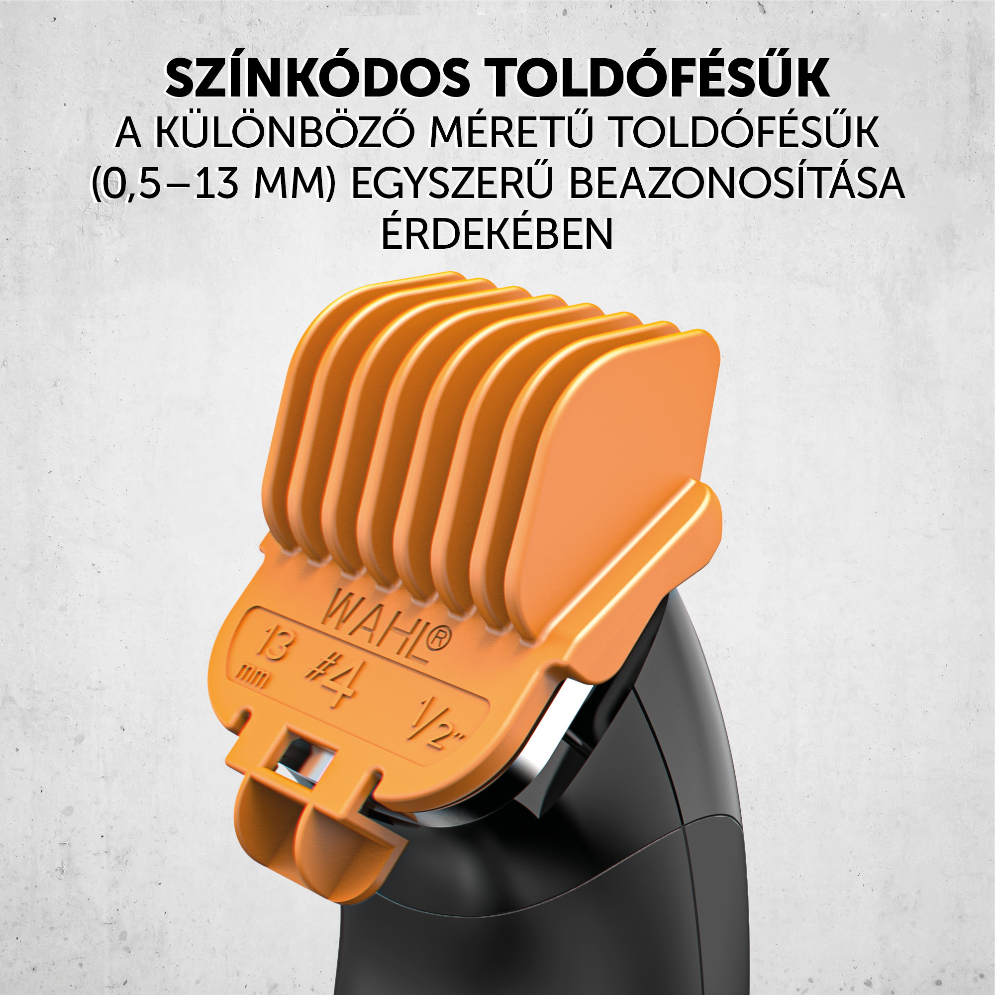 Narancssárga hajvágó toldalékok méretjelzőkkel és egy fekete hajvágó.