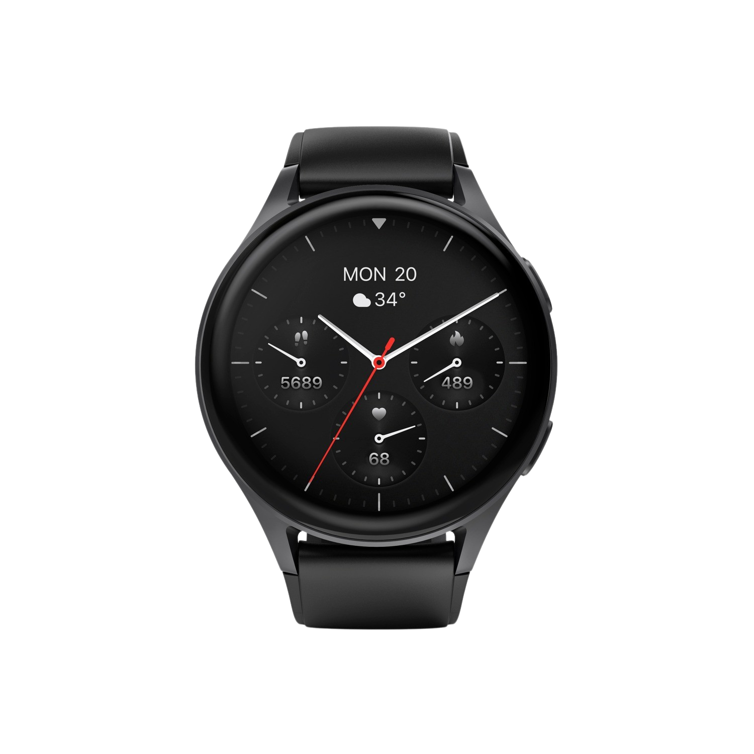 Montre connectée noire avec cadran rond affichant l'heure, la date et les mesures d'activité sur fond noir.
