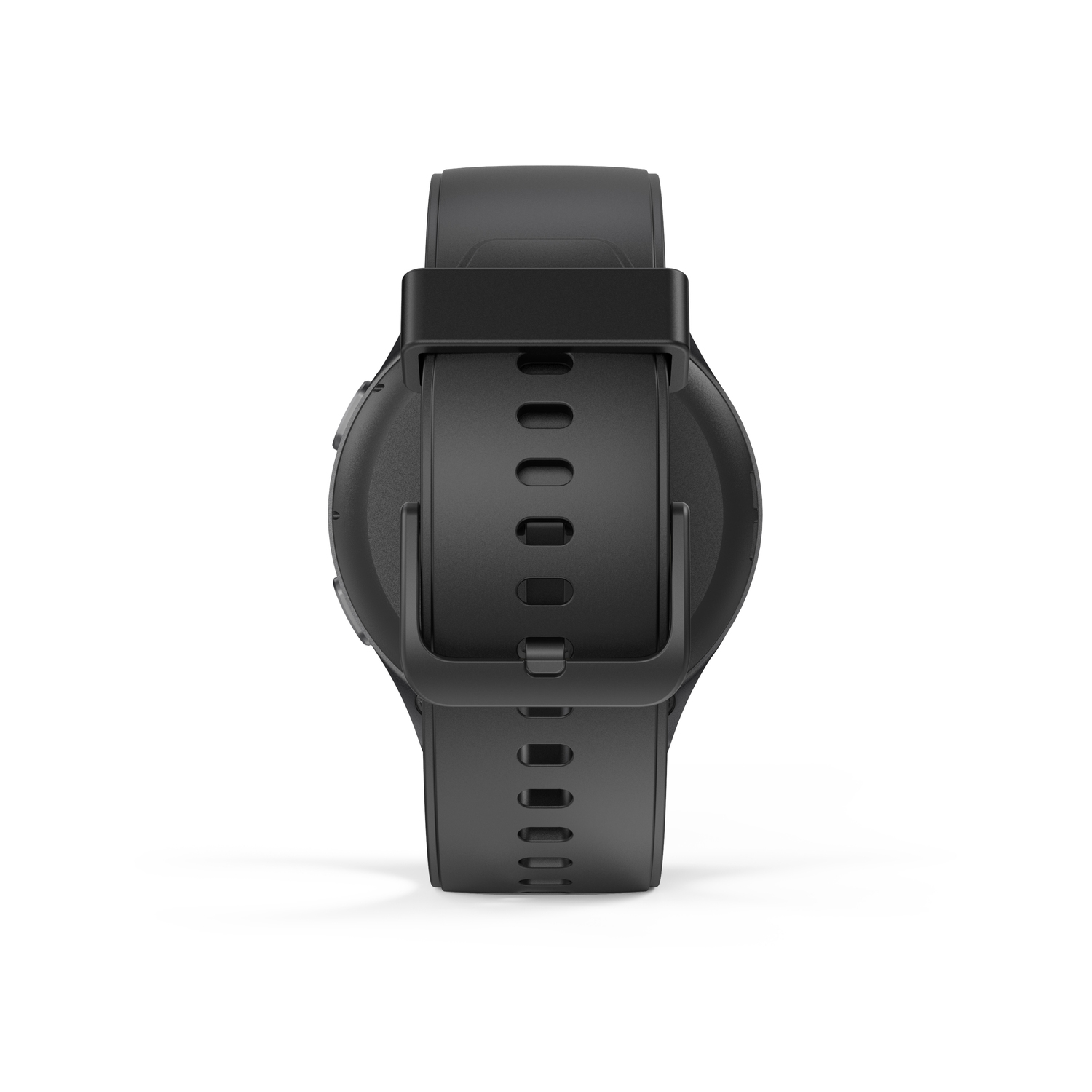 Une montre intelligente noire sur fond blanc, vue de dessus.