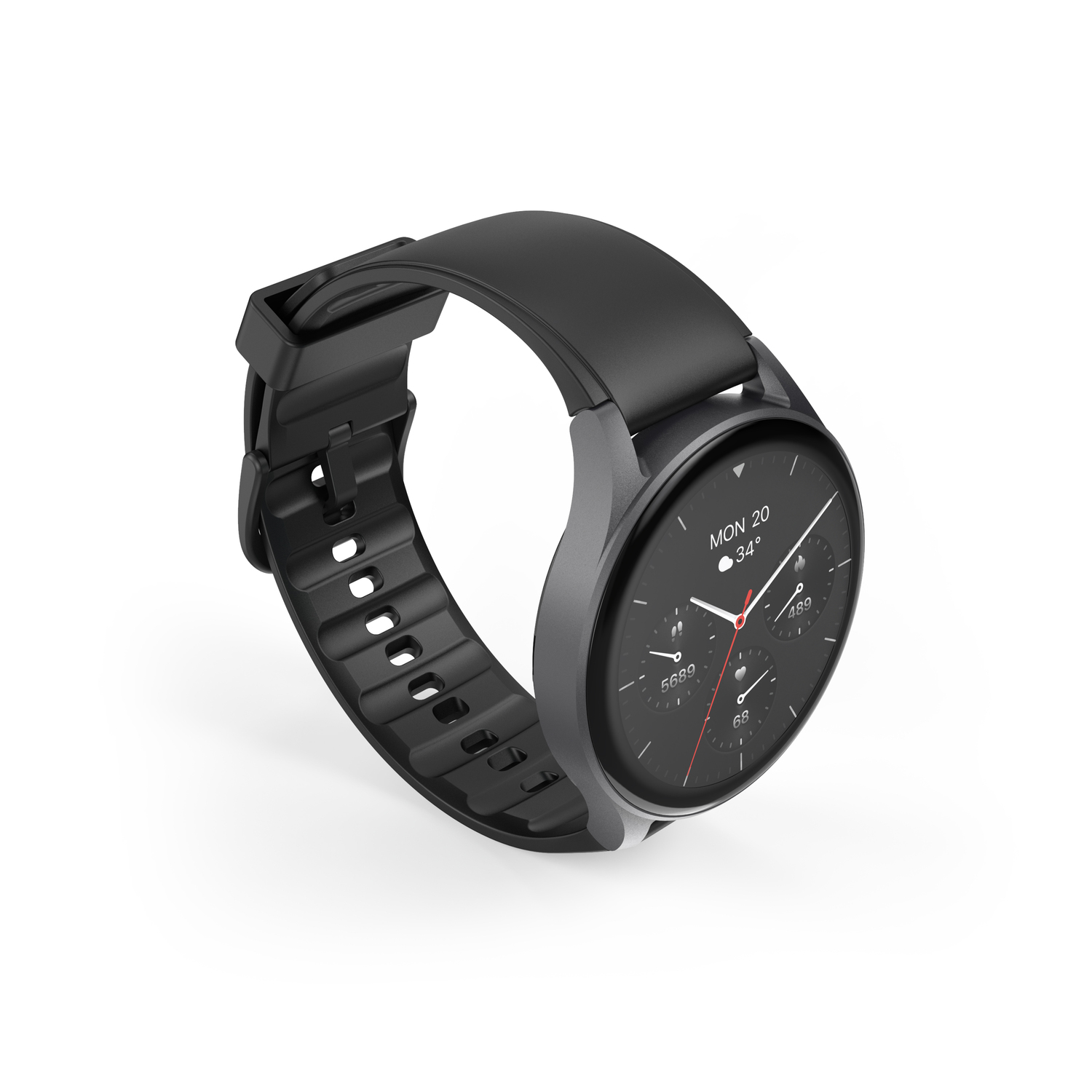 Une montre connectée noire avec un cadran rond, affichant l'heure et les pas.