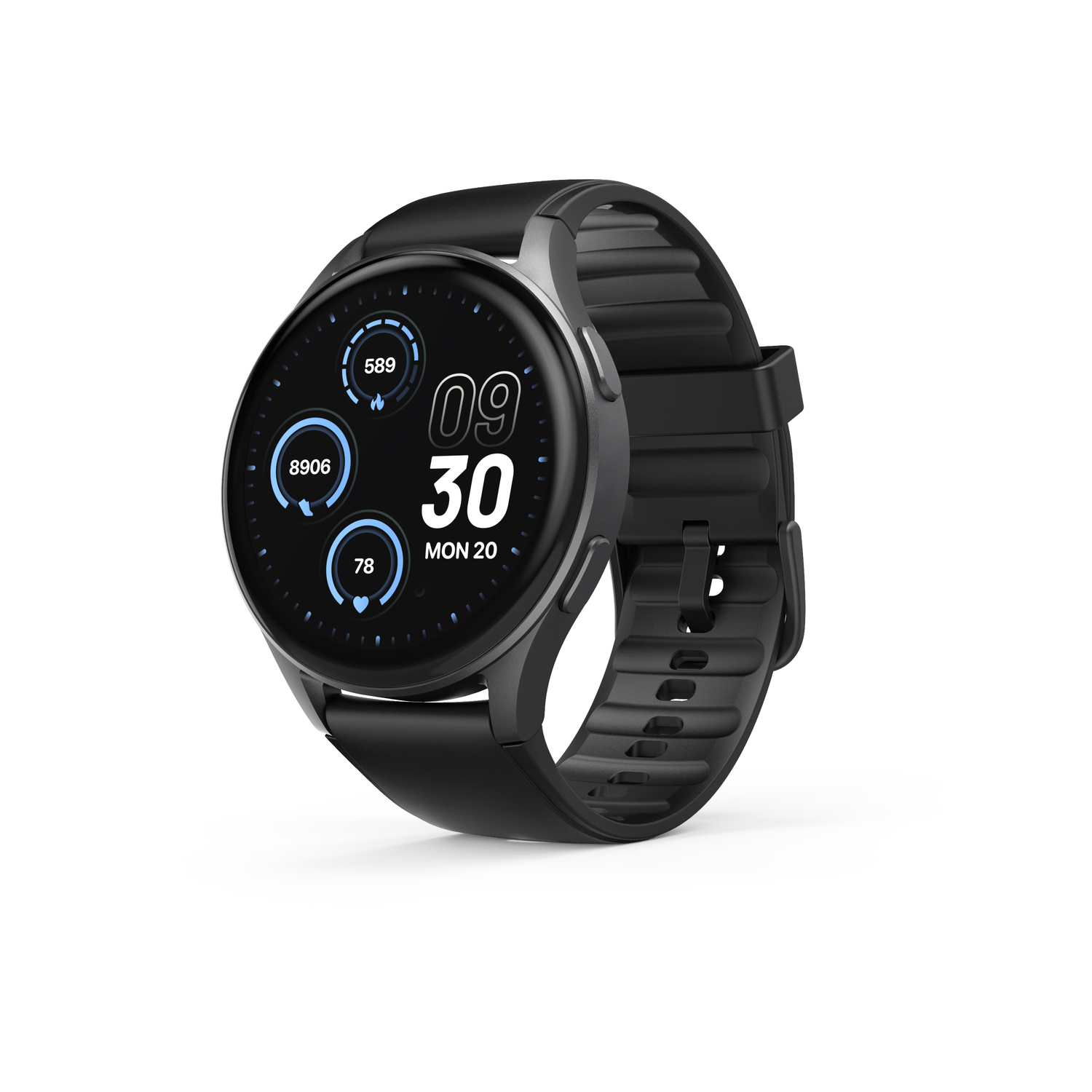 Une montre intelligente noire avec un cadran rond et un bracelet noir.