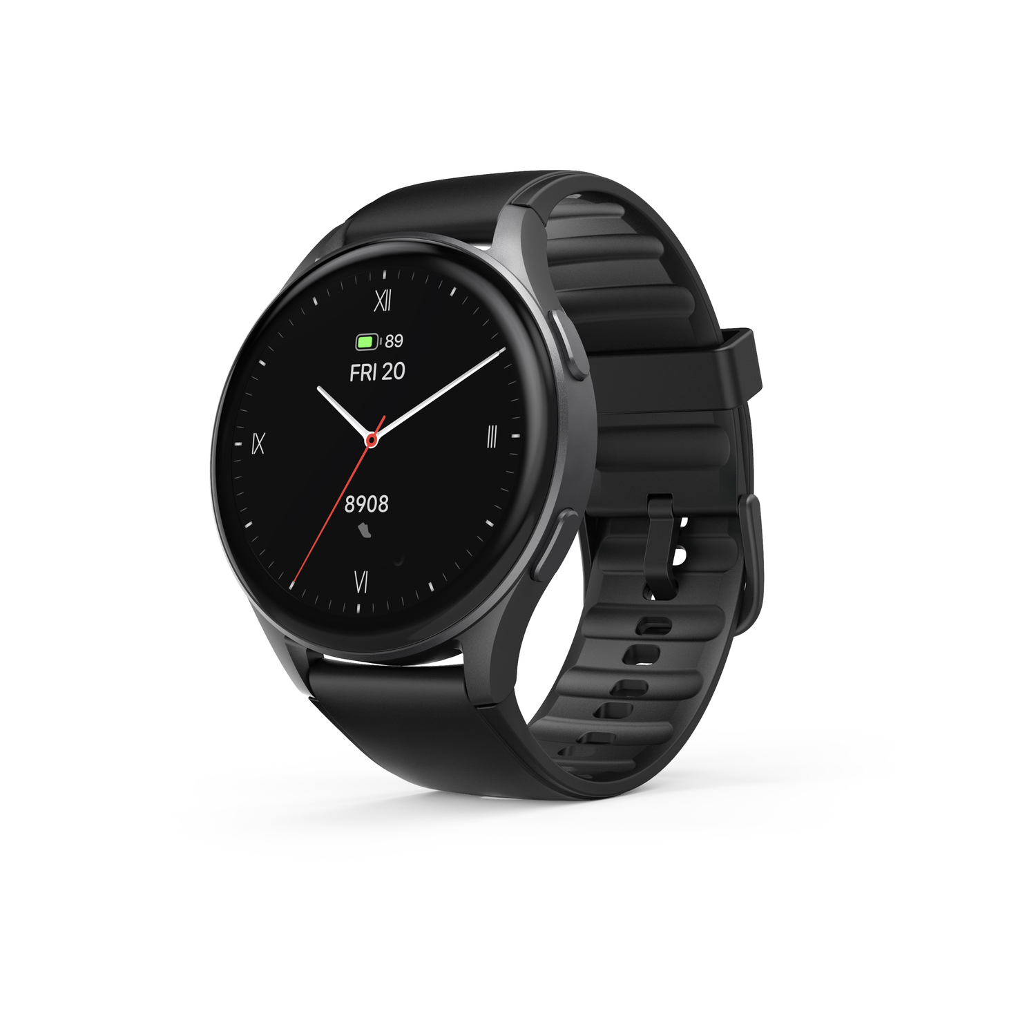 Montre connectée noire avec bracelet noir. L'écran affiche l'heure, la batterie et les pas.