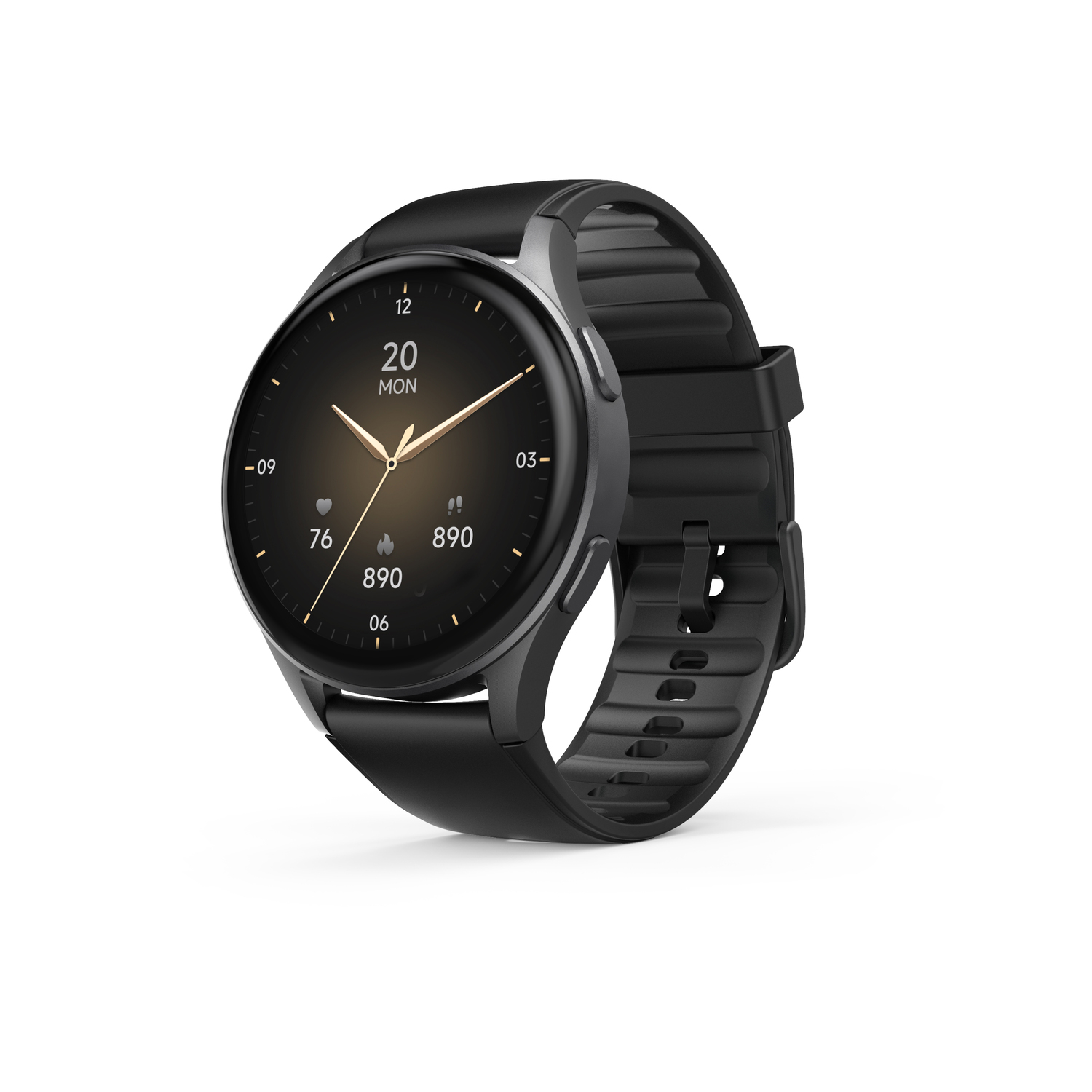 Smartwatch noire sur fond blanc. Affiche l'heure, la date, la fréquence cardiaque et les pas. Bracelet noir.