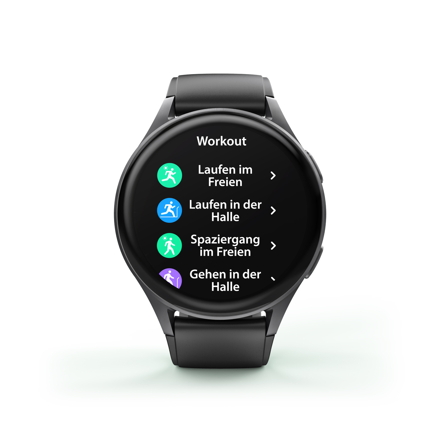 Une montre intelligente noire avec un écran circulaire affichant des options d'entraînement. La montre a un bracelet noir.