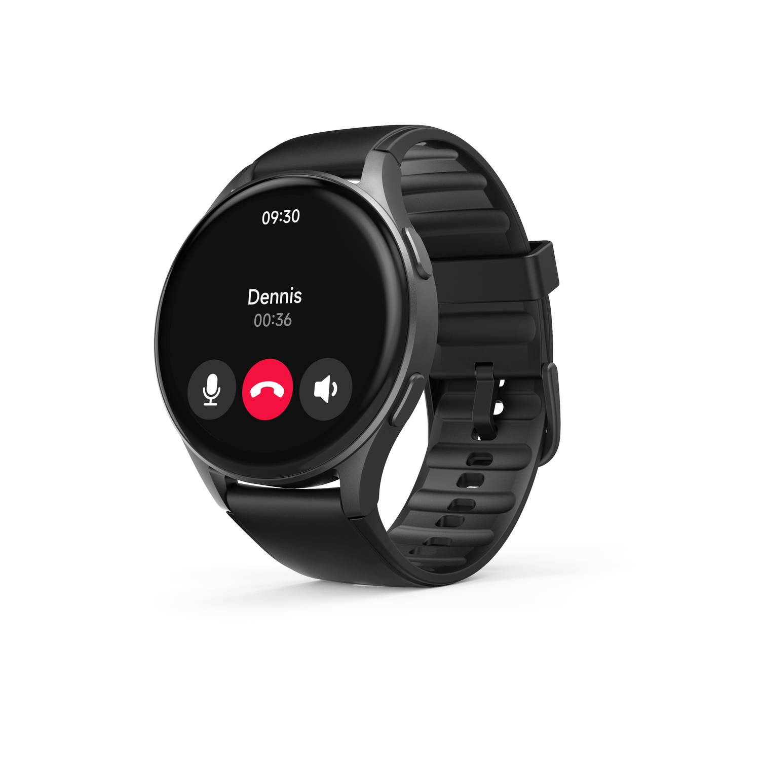Smartwatch montrant un appel de Dennis, avec des boutons d'appel et de sourdine.