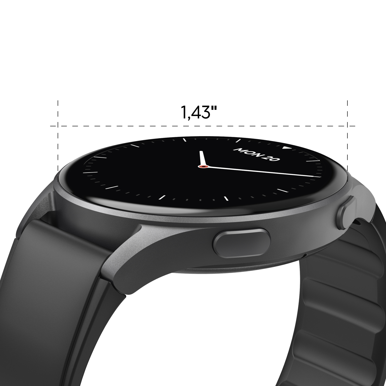 Smartwatch avec écran de 1,43 pouces, bracelet noir.