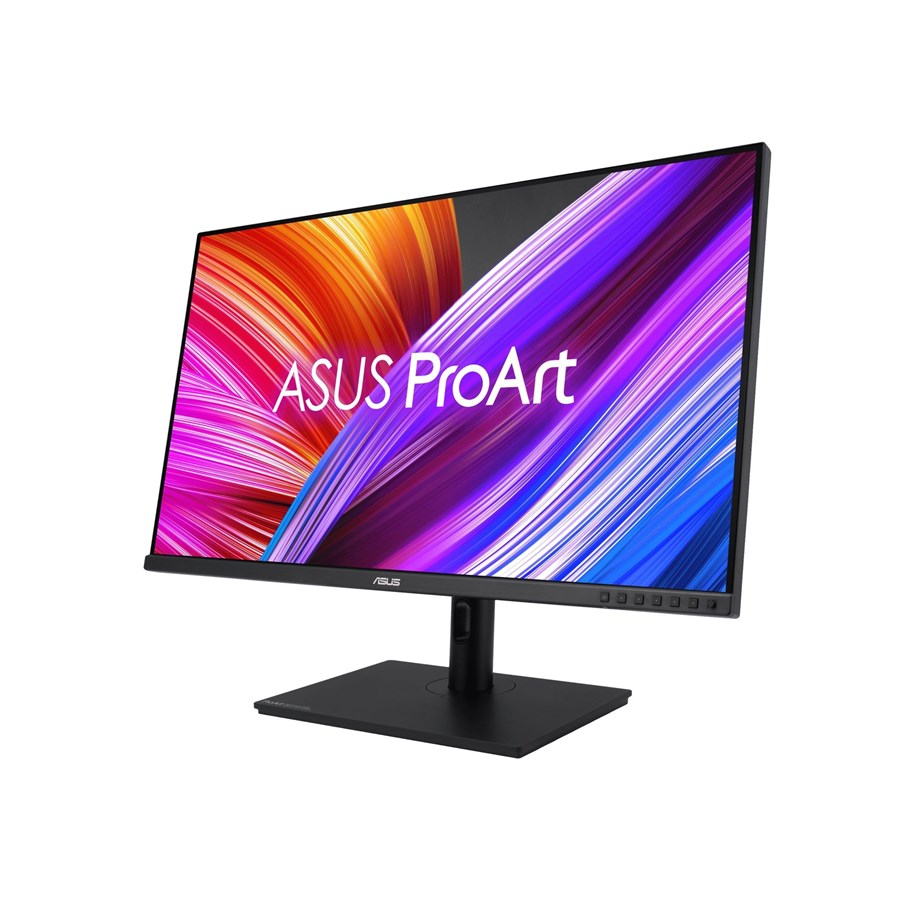 Monitor ASUS ProArt wyświetla kolorowy obraz. Ma czarną podstawę i ramkę na białym tle.
