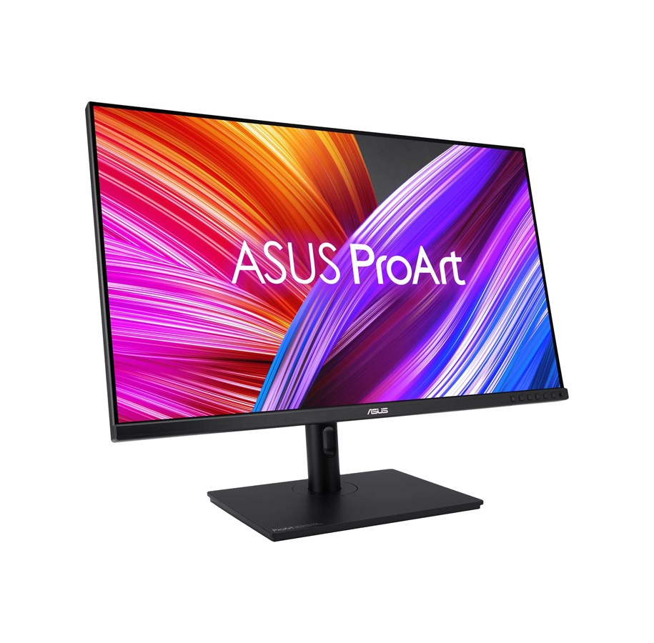 Monitor ASUS ProArt z kolorowym ekranem na czarnym stojaku. Czarna ramka, białe tło.