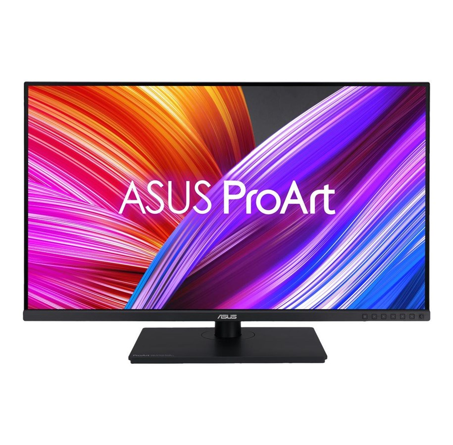 Monitor ASUS ProArt wyświetla abstrakcyjny, kolorowy wzór. Monitor jest czarny z czarną podstawą.