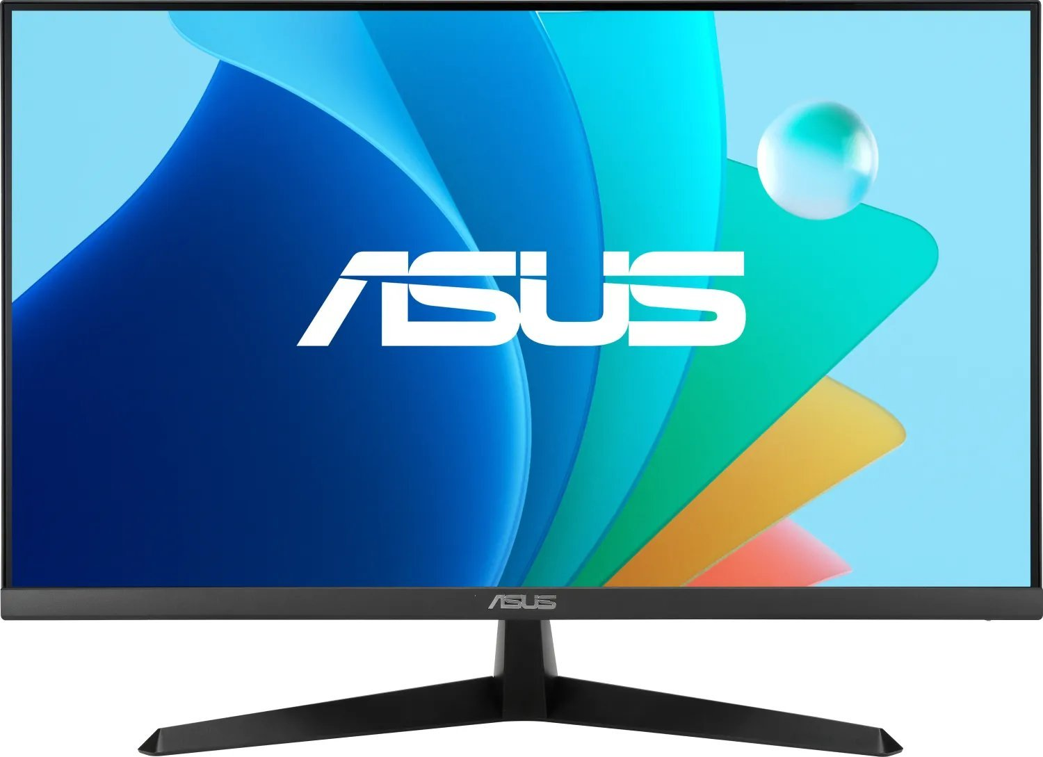 Monitor komputerowy ASUS z czarną podstawą i ramką. Ekran wyświetla niebiesko-zieloną grafikę.