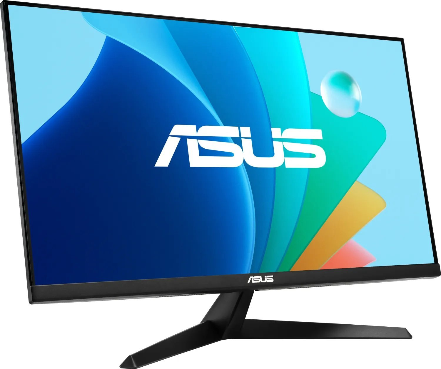 Monitor ASUS z czarną podstawą, wyświetlający kolorowy, abstrakcyjny obraz z logo ASUS.