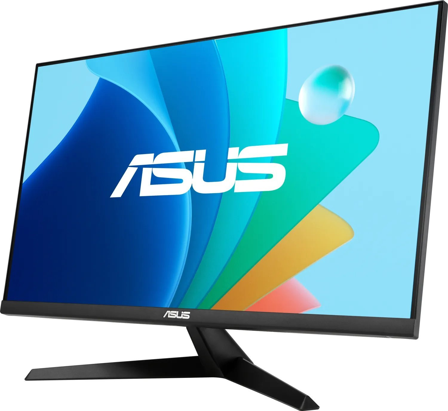 Monitor komputerowy z logo ASUS, wyświetlający kolorowy, abstrakcyjny obraz.