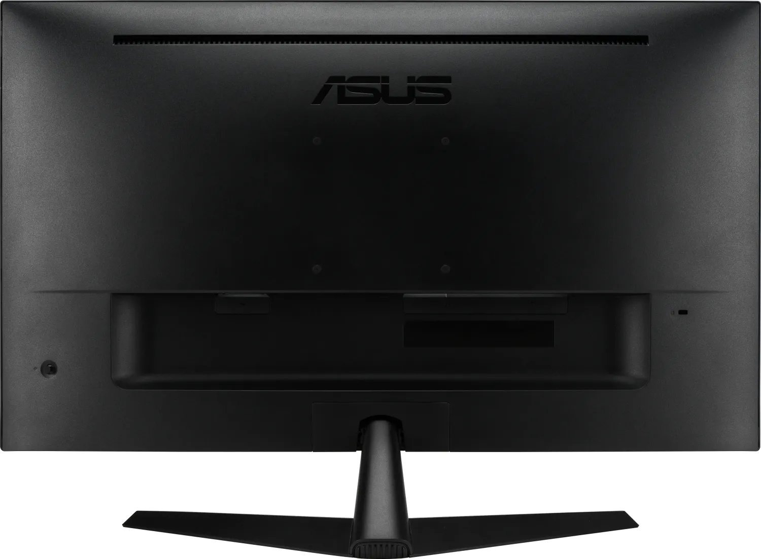 Tył czarnego monitora ASUS ze stojakiem.