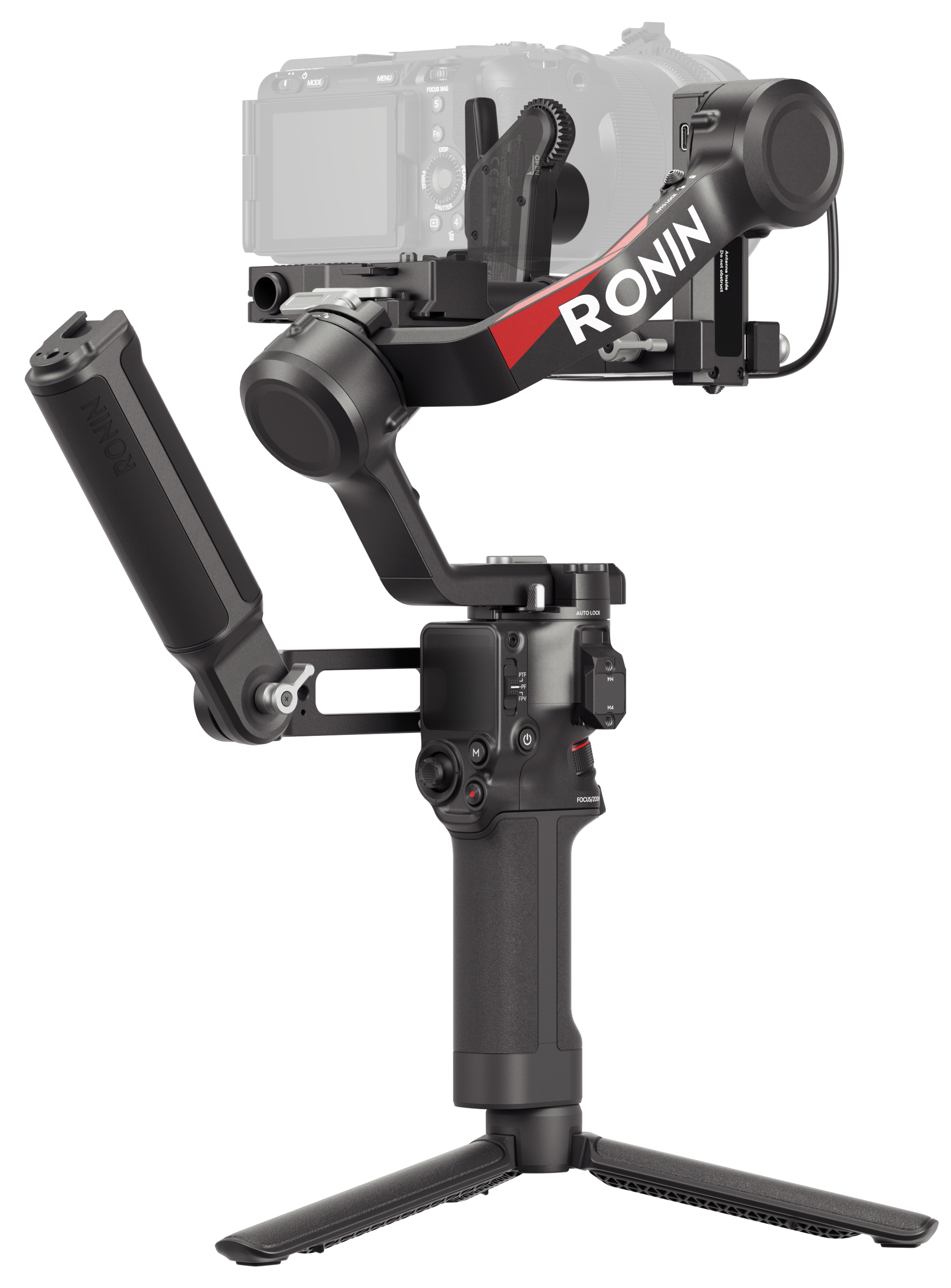 Czarny stabilizator Ronin z dołączonym aparatem, na statywie. Stabilizator ma czerwone akcenty.
