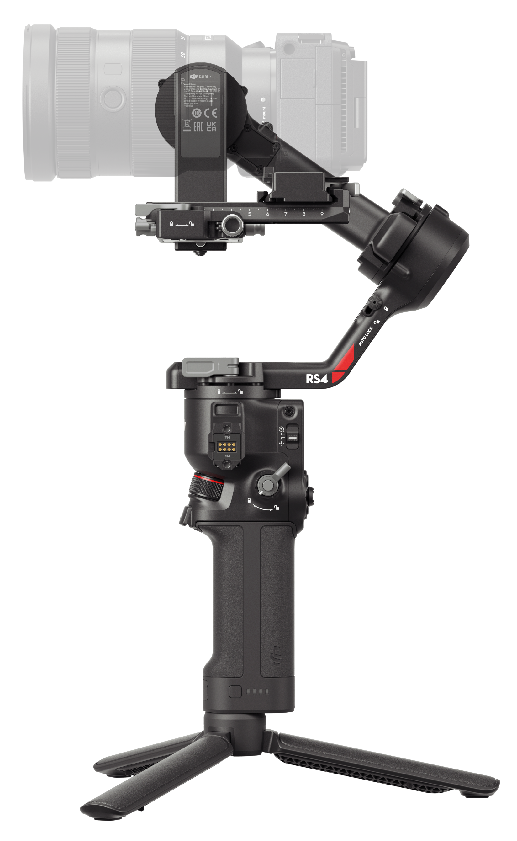 Czarny gimbal z kamerą, zamontowany na statywie. Tło jest białe.