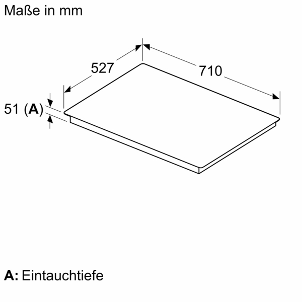 Ein schwarzes rechteckiges Kochfeld mit Abmessungen in Millimetern und dem Buchstaben 'A'.