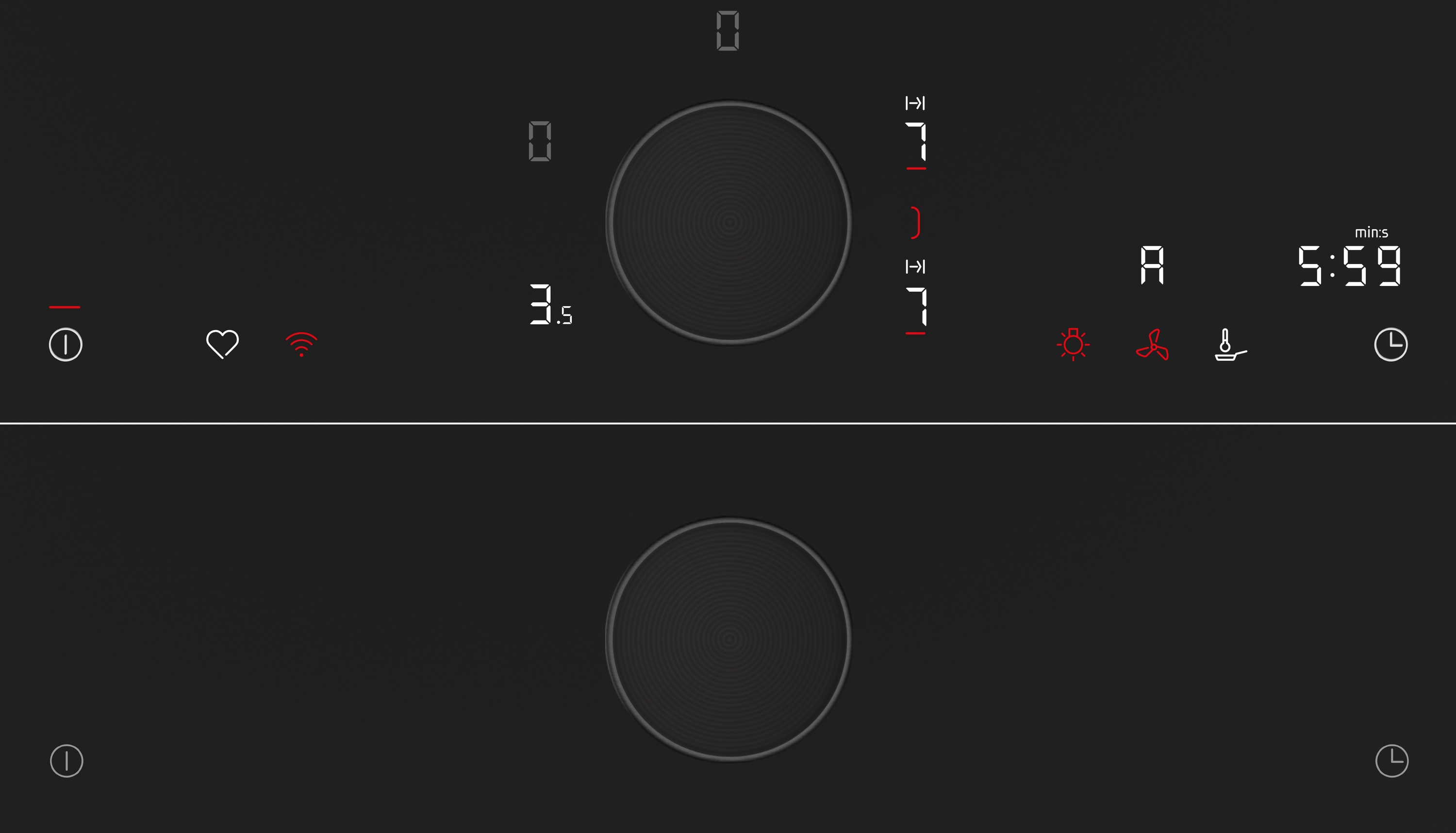 Ein schwarzes Bedienfeld mit zwei großen Knöpfen und digitalen Anzeigen auf dunklem Hintergrund.