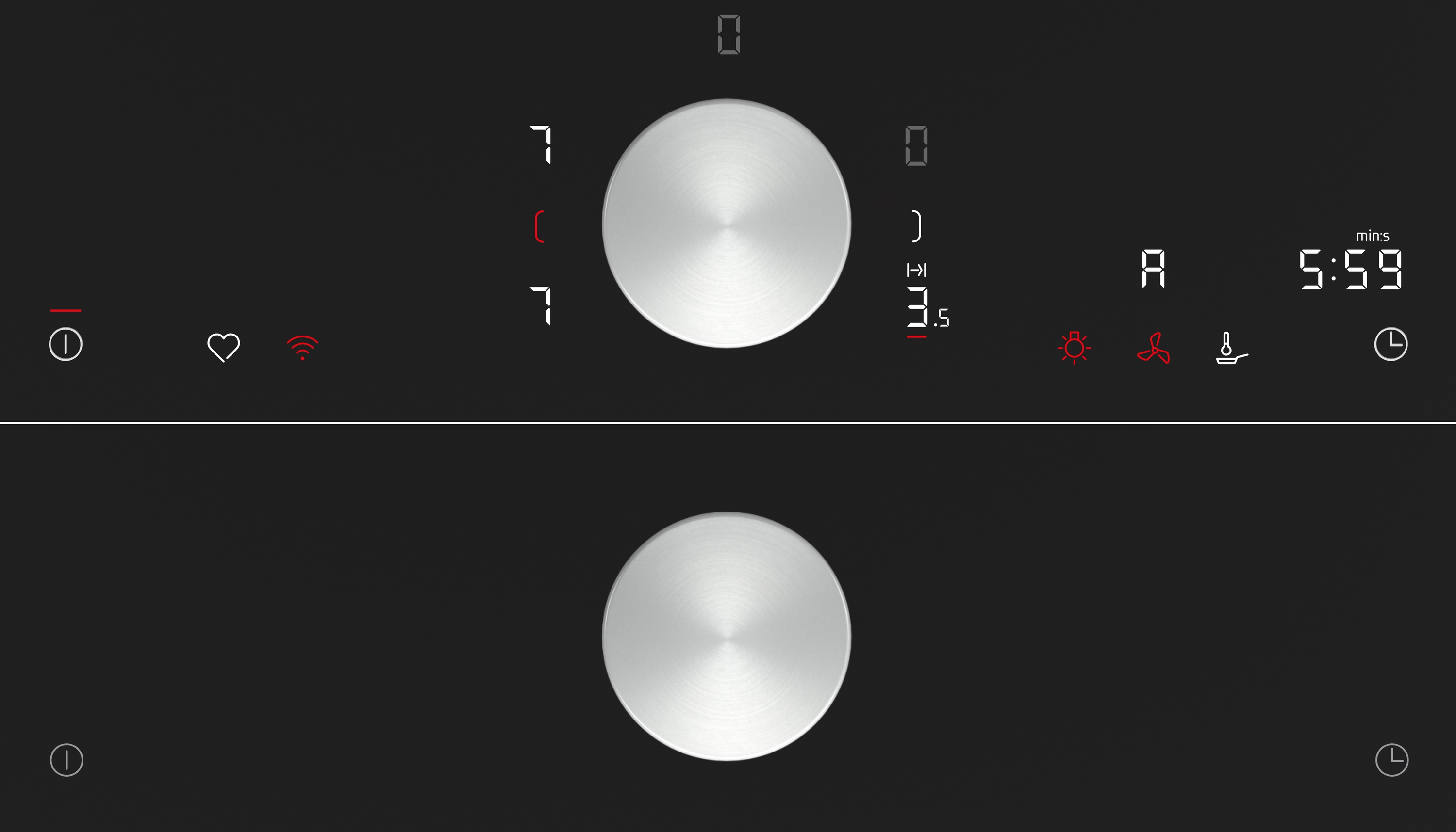 Schwarzes Bedienfeld mit Drehreglern und Digitalanzeigen. Verschiedene Symbole sind sichtbar.