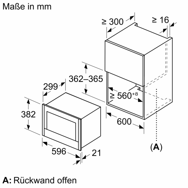 Diagramm eines Einbaumikrowellenofens mit Maßangaben in mm.