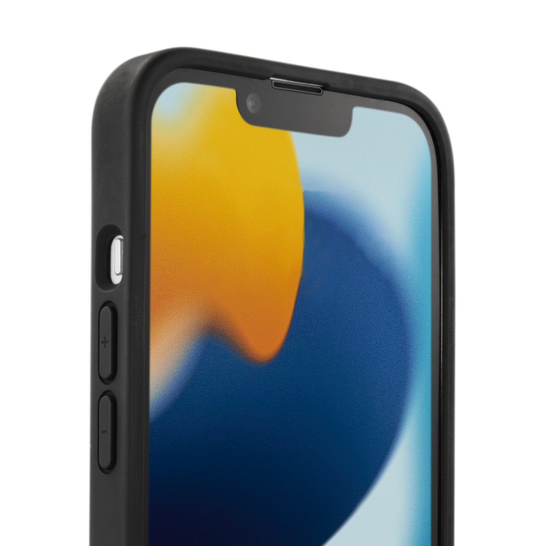 Nahaufnahme eines schwarzen Telefons, das die Kamera, den Bildschirm und die Tasten zeigt. Weißer Hintergrund. Modernes Design.