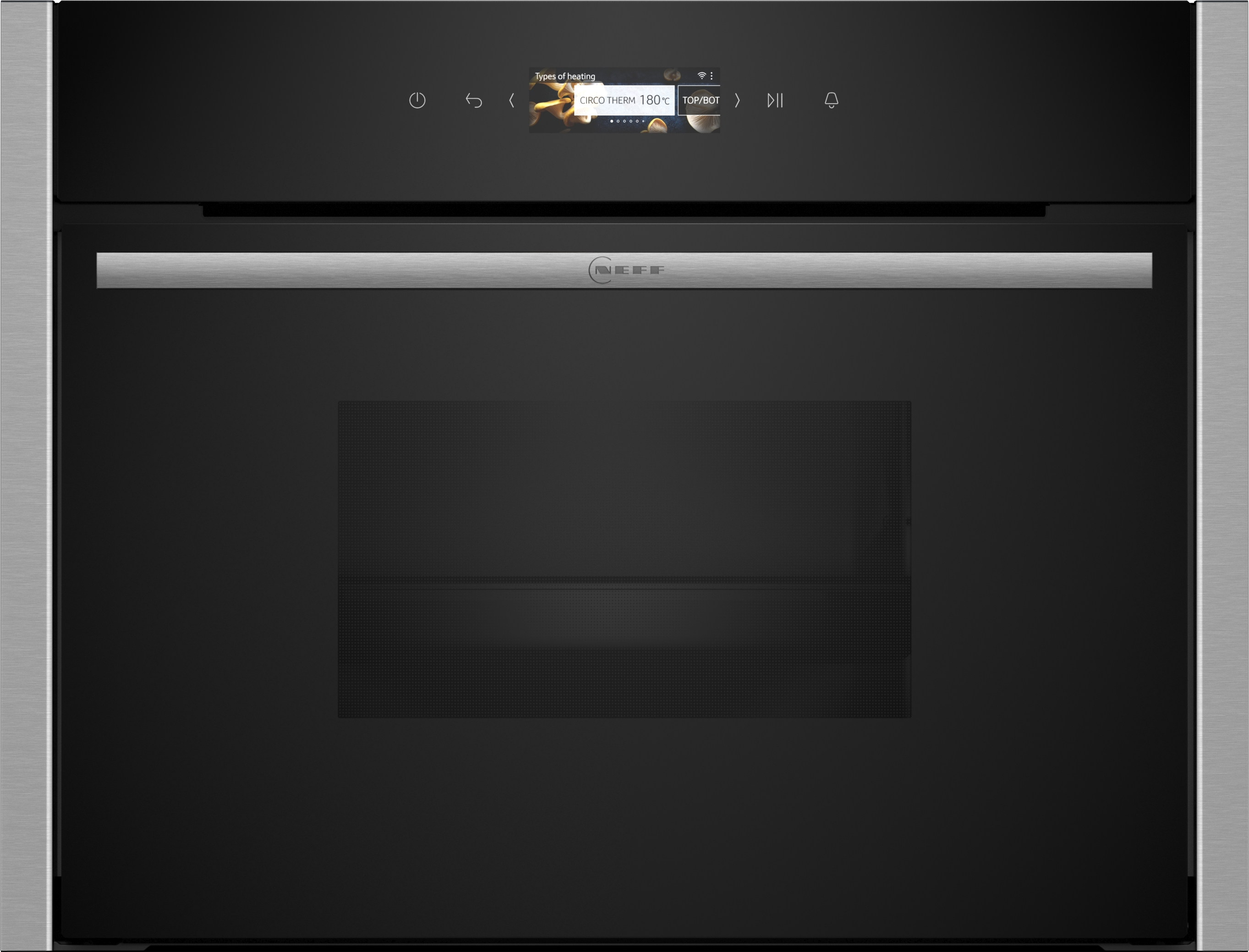 Schwarzer Backofen mit digitaler Anzeige oben und dem Neff-Logo. Die Backofentür ist geschlossen.