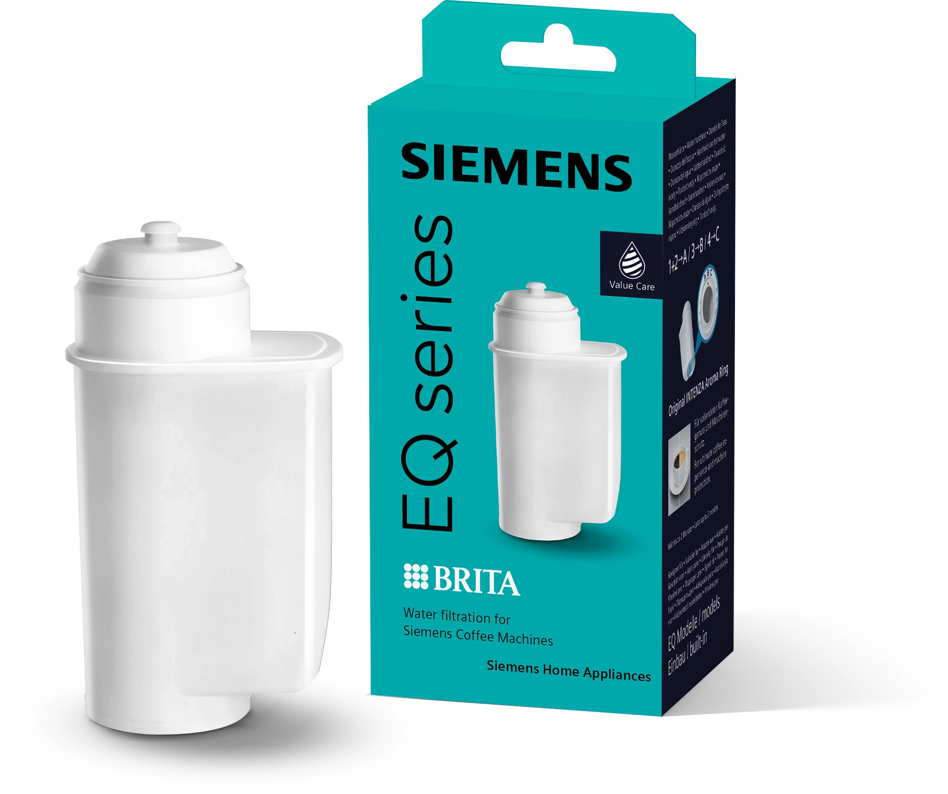 Weiße Filterpatrone und Schachtel mit blau-grünem Deckel.