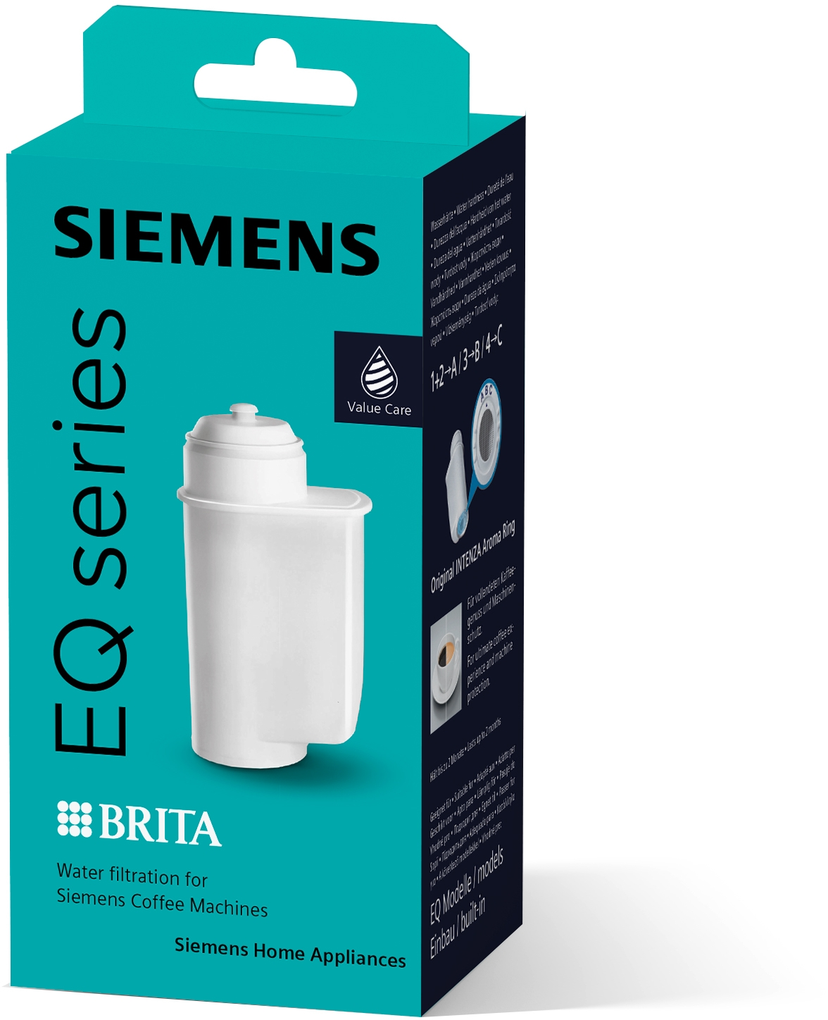 Schachtel eines Siemens EQ-Serien-Wasserfilters, mit Marke, Produktdetails und weißem Filter.