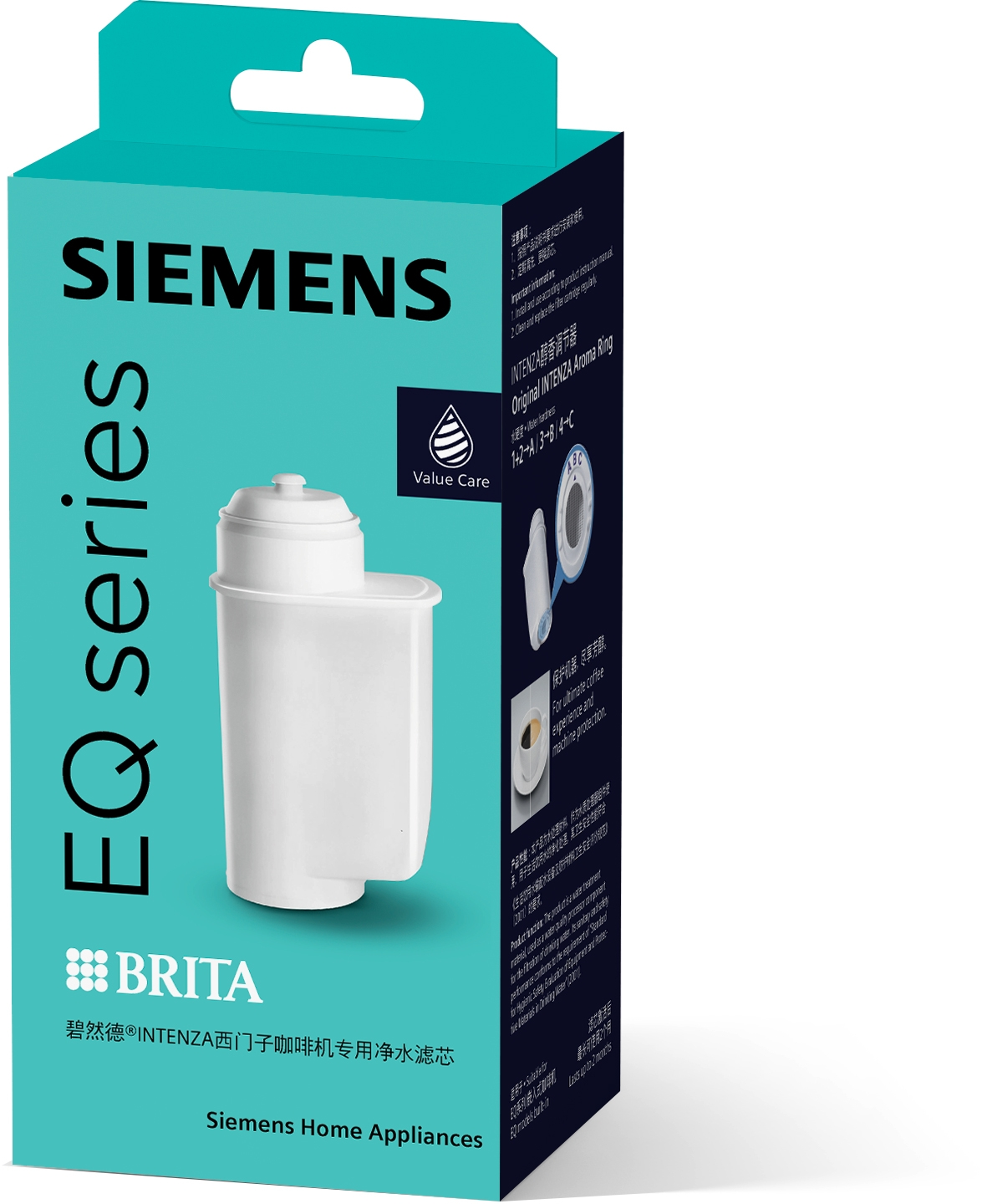 Eine Schachtel mit einem Siemens EQ-Kaffeemaschinenfilter und Anweisungen.