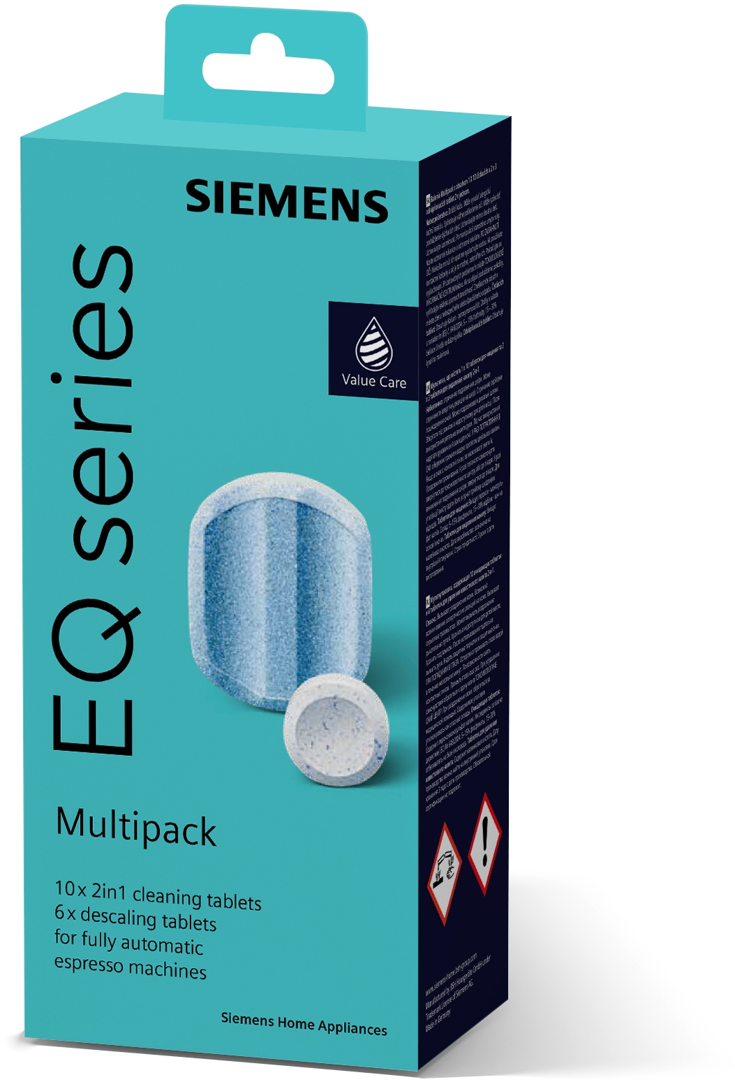 Eine Schachtel mit Reinigungstabletten der Siemens EQ-Serie. Die Schachtel ist hellblau, mit Produktdetails und einem Logo.