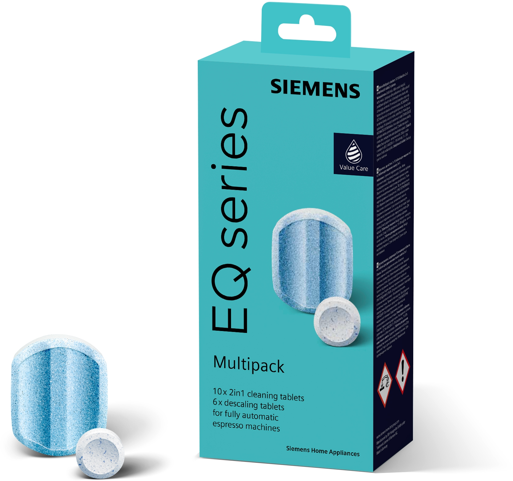 Siemens EQ Serie Multipack Reinigungstabletten. Blaue Box mit Tabletten und Produktinformationen.