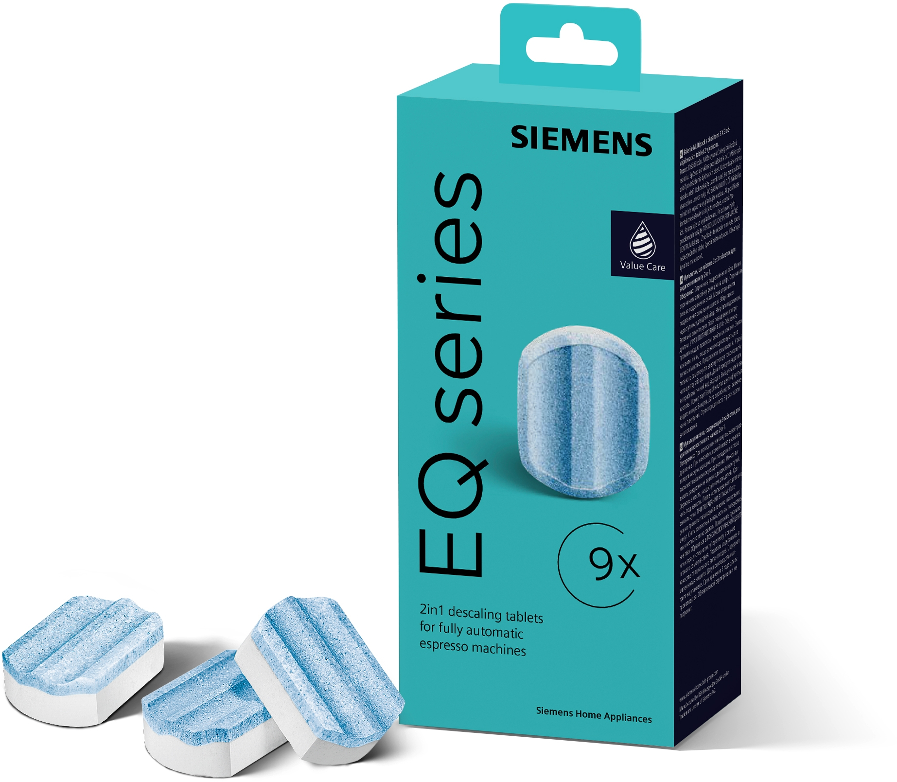 Eine Packung Siemens EQ Serie Entkalkungstabletten mit drei Tabletten davor, auf weißer Oberfläche.