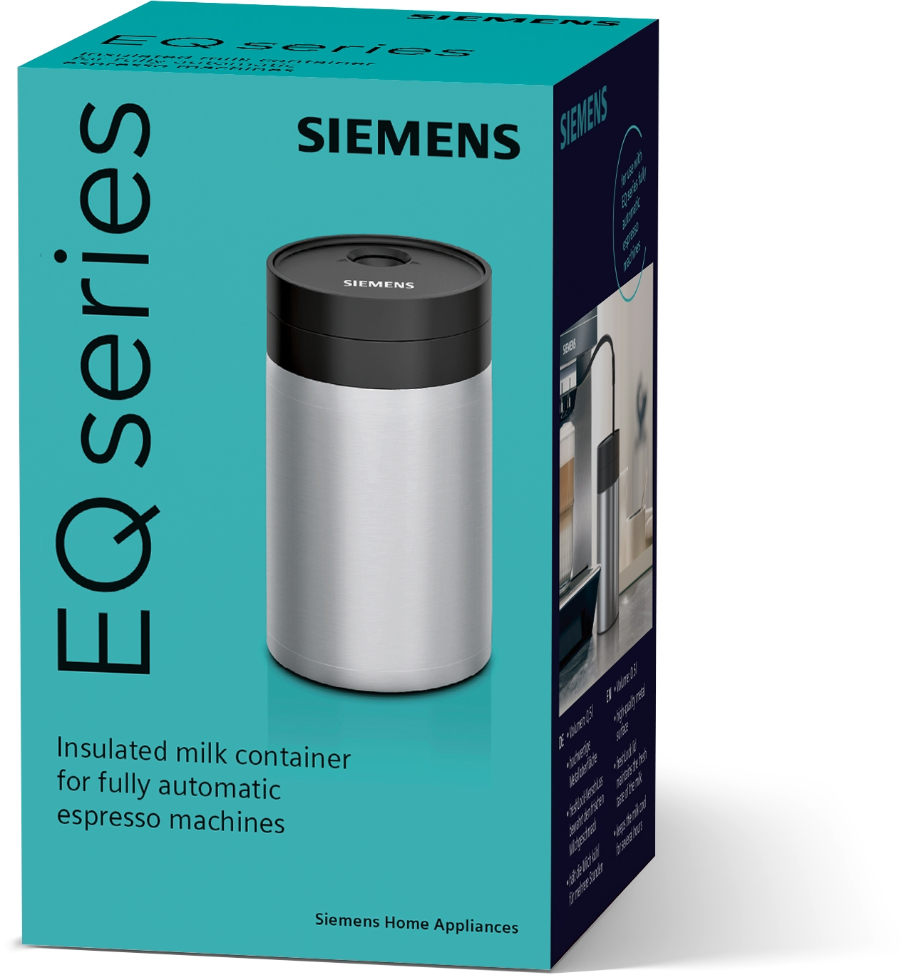 Eine türkisfarbene Box für eine Espressomaschine mit einem Milchbehälter darin.