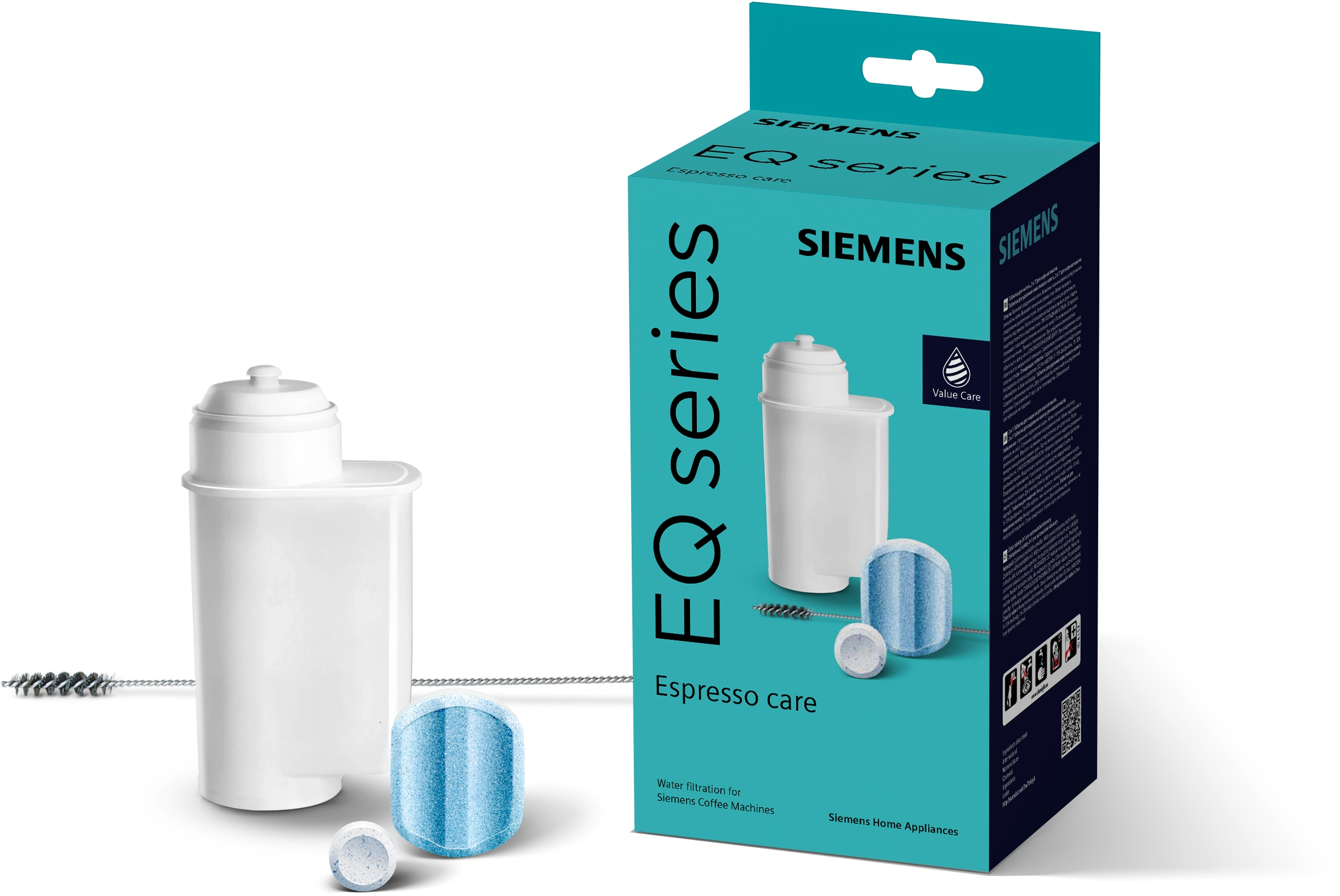 Eine Siemens EQ-Serie Espresso Care Box mit Filtern und Reinigungszubehör.